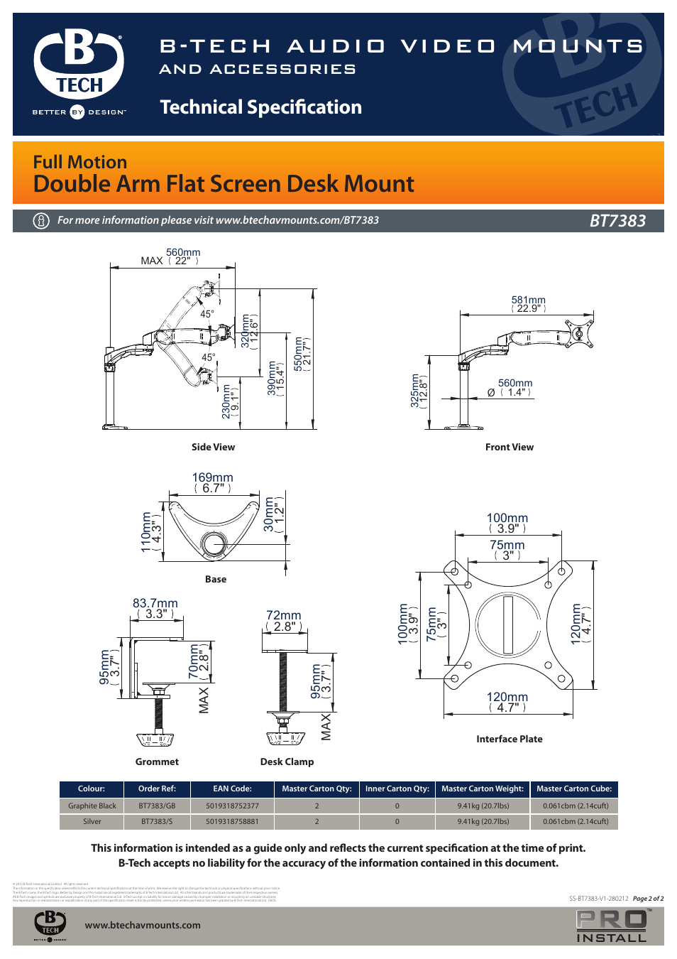 B-tech audio video mounts, Double arm flat screen desk mount, Technical specification | Full motion, And accessories, Bt7383, Install | Impulse BT7383 User Manual | Page 2 / 2