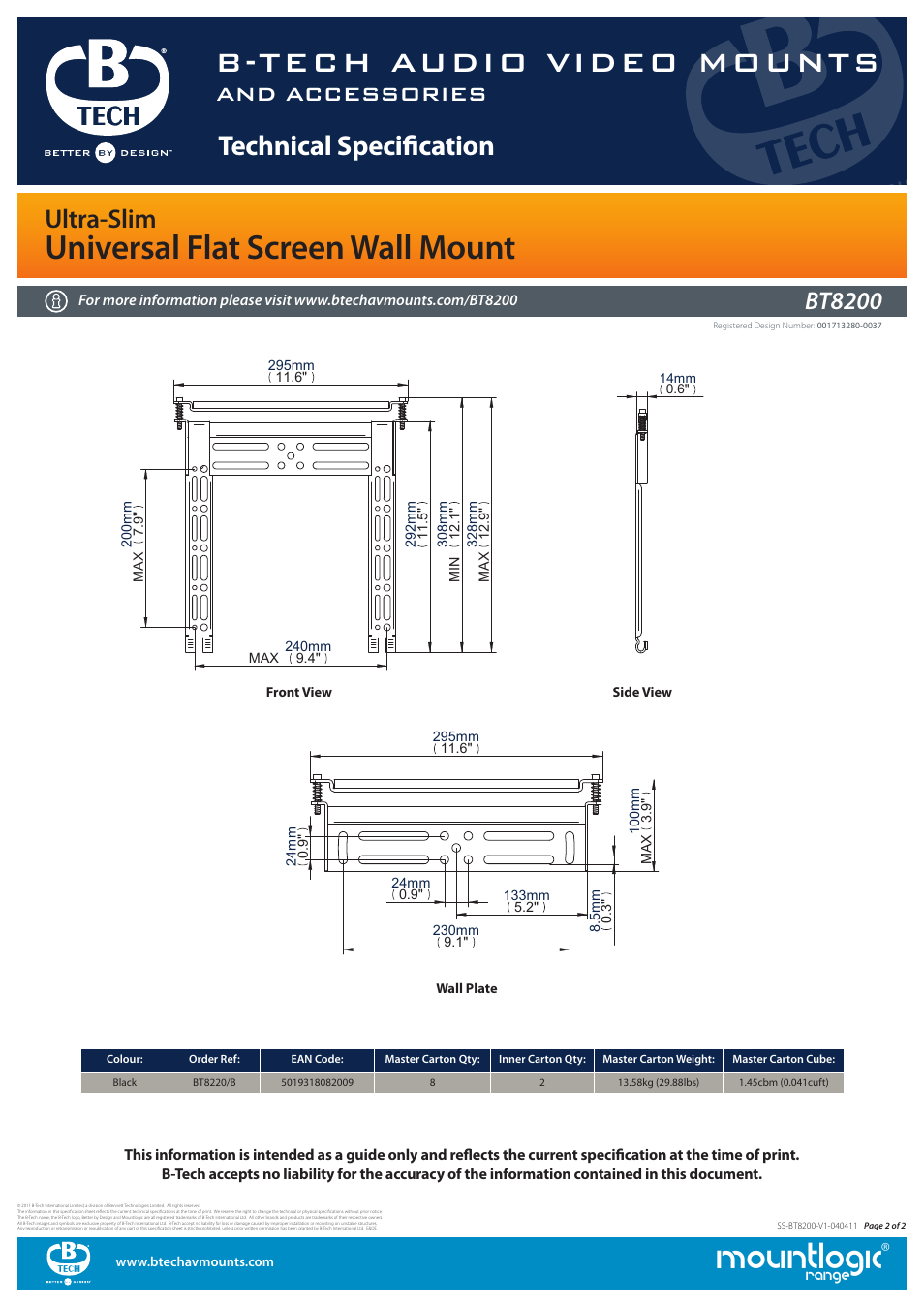 Mountlogic, B-tech audio video mounts, Universal flat screen wall mount | Technical specification, Ultra-slim, And accessories, Bt8200 | Impulse BT8200 User Manual | Page 2 / 2