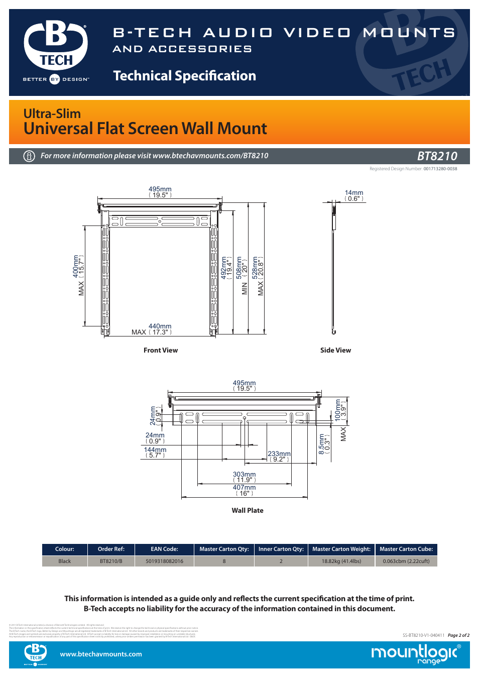Mountlogic, B-tech audio video mounts, Universal flat screen wall mount | Technical specification, Ultra-slim, And accessories, Bt8210, Range | Impulse BT8210 User Manual | Page 2 / 2