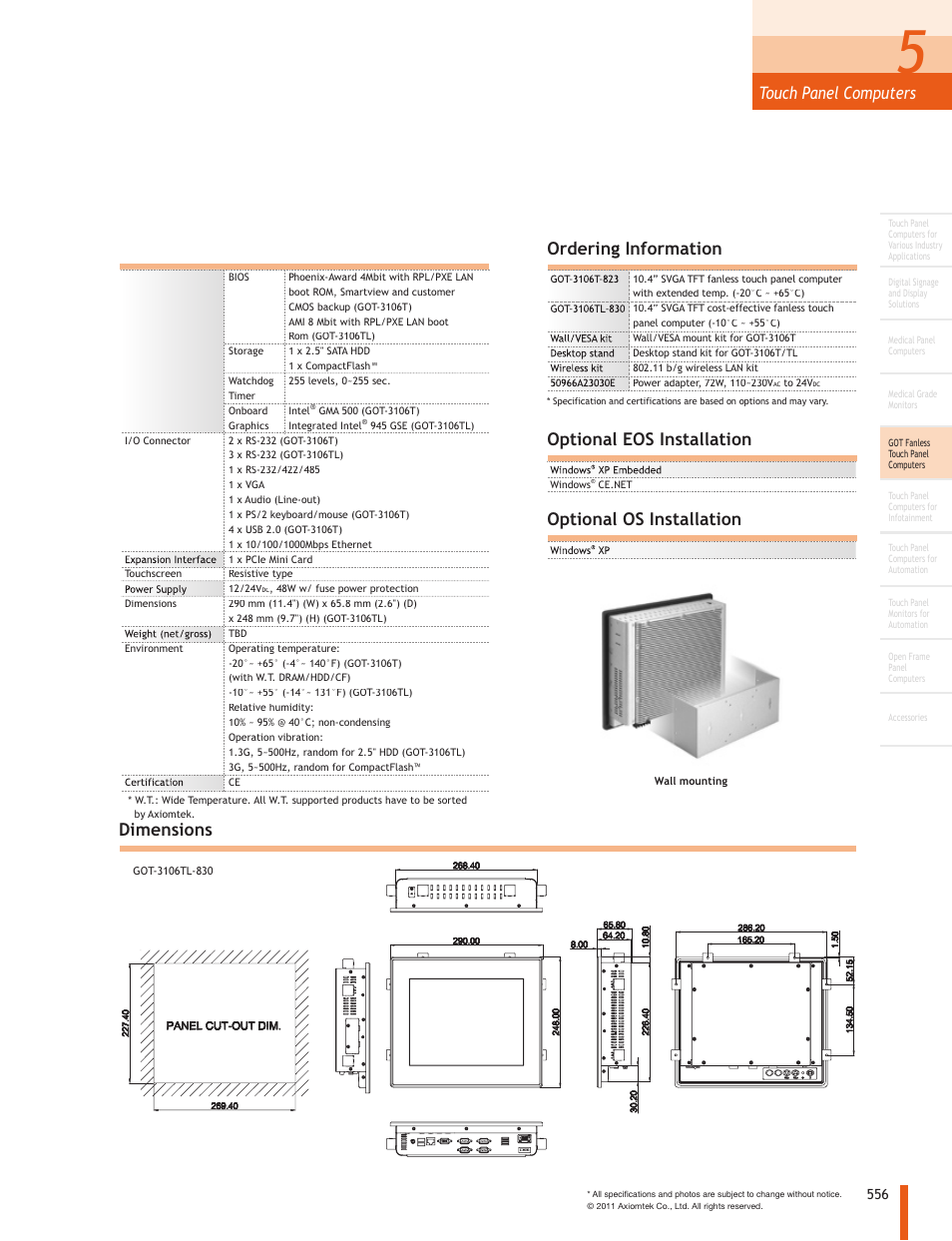 Atom™ processor (-10°c ~ +65°c), Touch panel computers, Dimensions | Features | Impulse GOT-3106TL-830 User Manual | Page 2 / 2