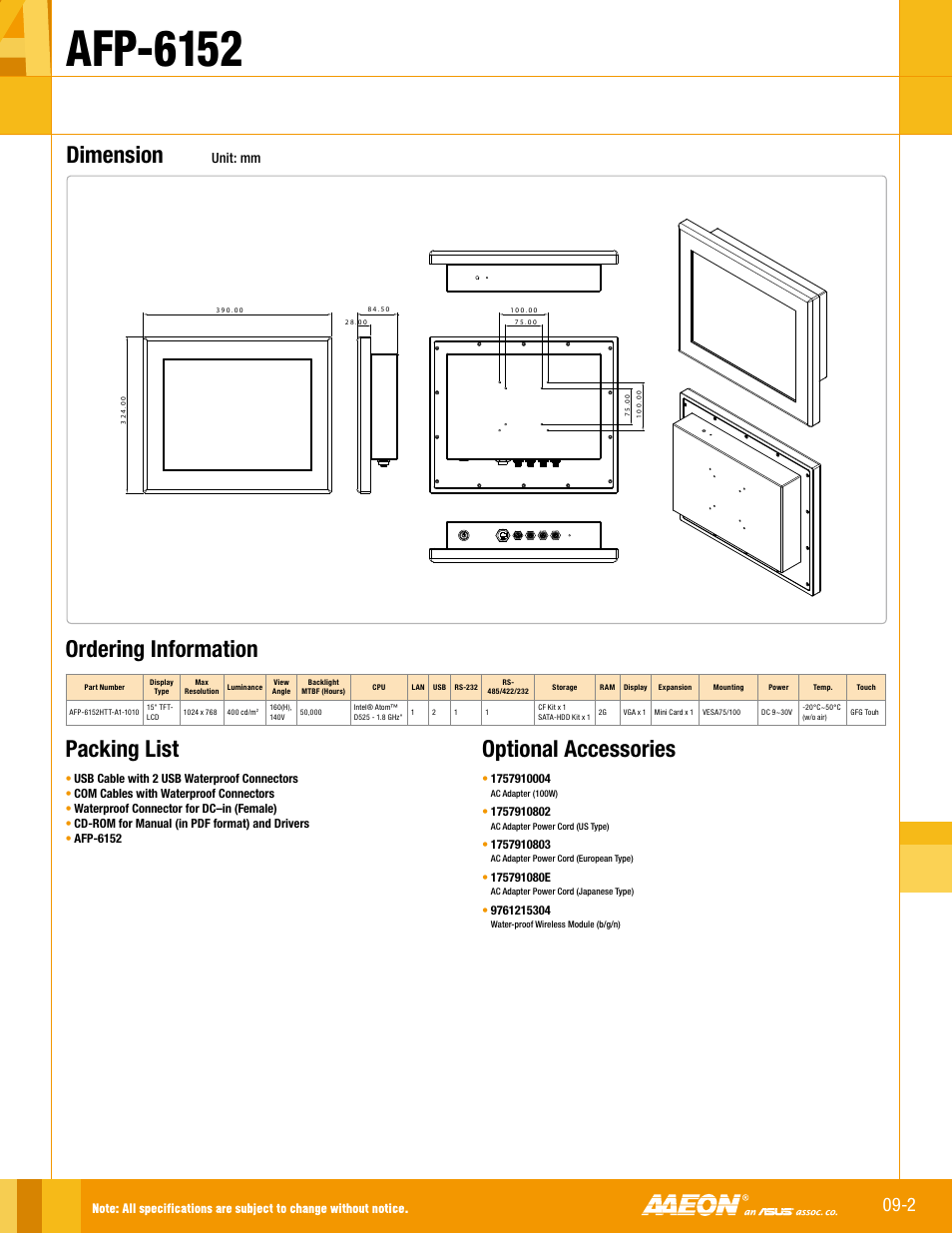 Afp-6152, Dimension, Optional accessories | Ordering information, Packing list, Unit: mm | Impulse AFP-6152 User Manual | Page 2 / 2