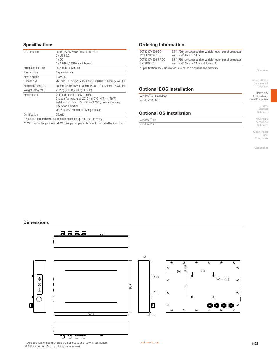 Ordering information specifications dimensions, Optional eos installation optional os installation | Impulse GOT808CV-801 User Manual | Page 2 / 2