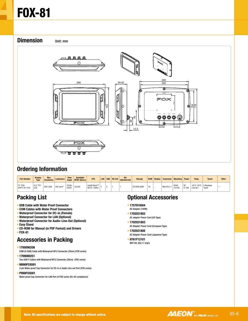 Fox-81, Dimension, Optional accessories | Accessories in packing, Ordering information, Packing list, Unit: mm | Impulse FOX-81 User Manual | Page 2 / 2