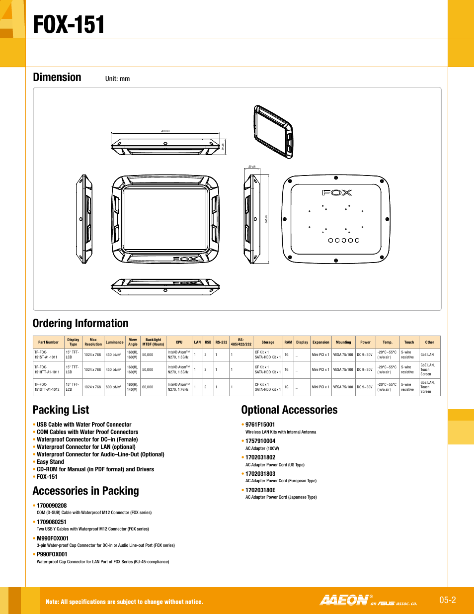 Fox-151, Dimension, Optional accessories accessories in packing | Ordering information, Packing list, Unit: mm | Impulse FOX-151 User Manual | Page 2 / 2