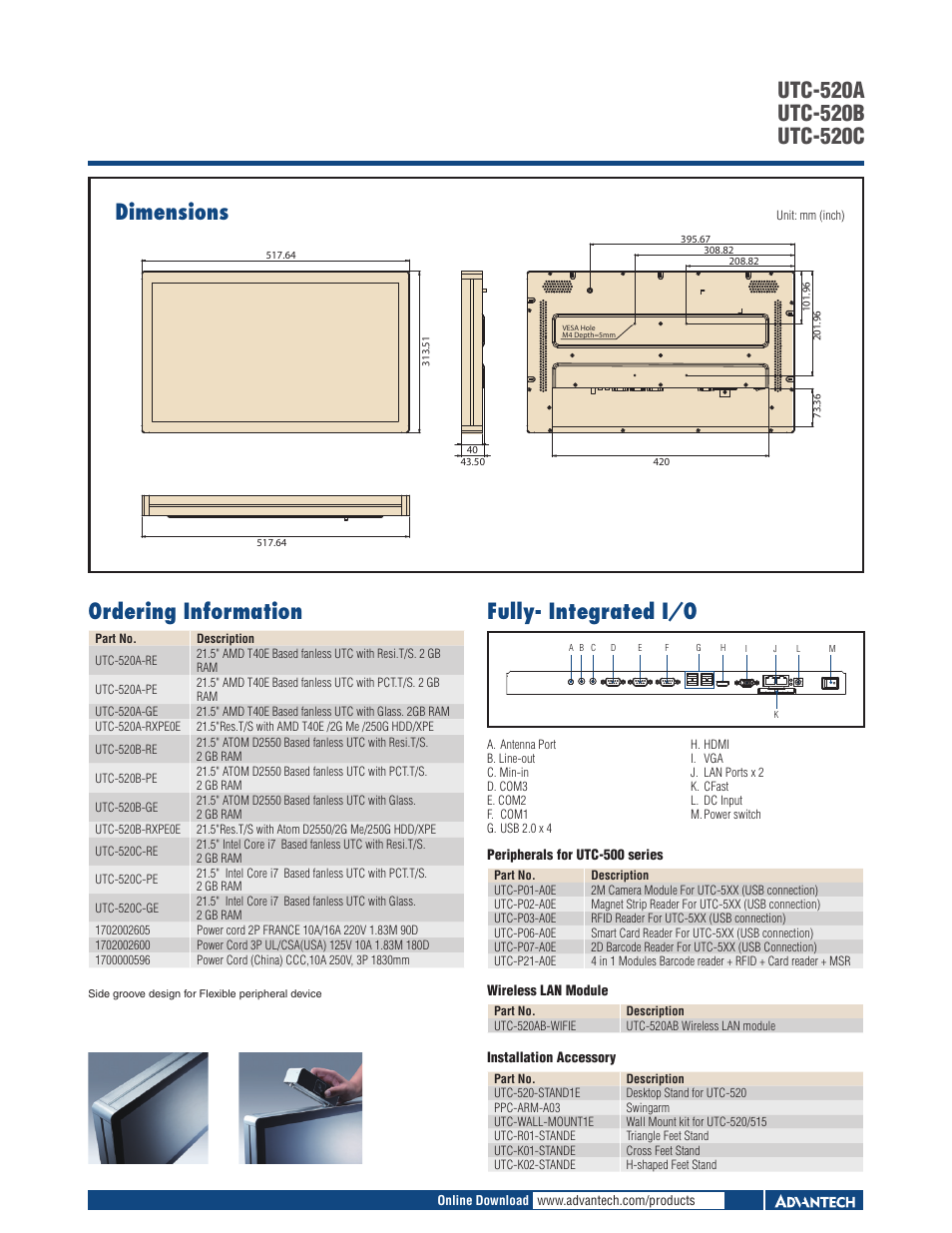 Dimensions, Ordering information, Fully- integrated i/o | Impulse UTC-520C User Manual | Page 2 / 2