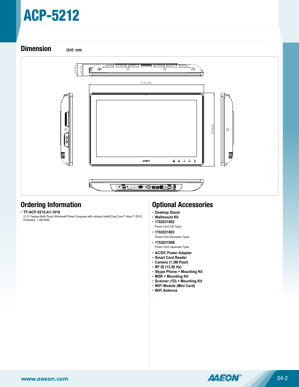 Acp-5212, Dimension, Ordering information | Optional accessories | Impulse ACP-5212 User Manual | Page 2 / 2