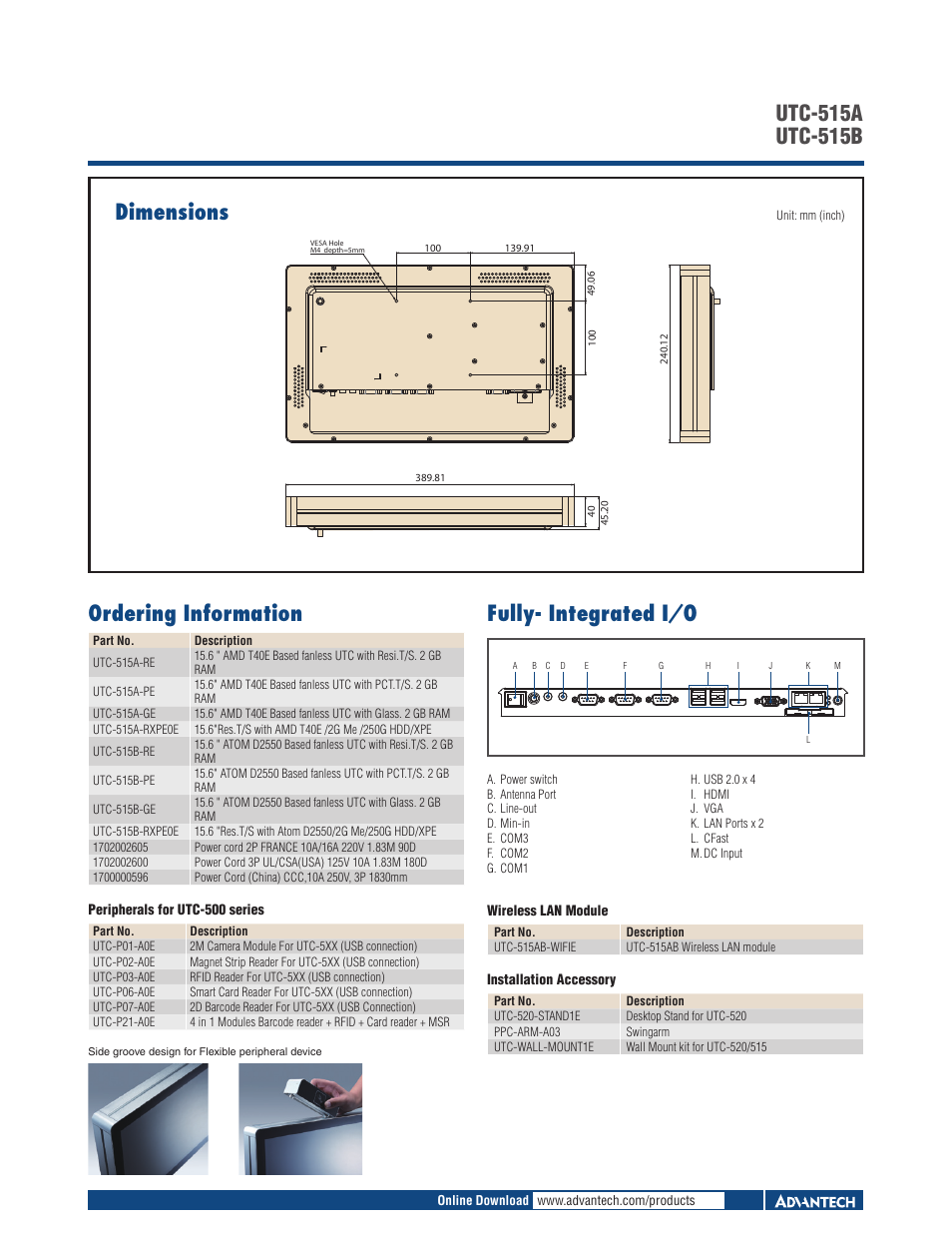 Dimensions, Fully- integrated i/o | Impulse UTC-515B User Manual | Page 2 / 2