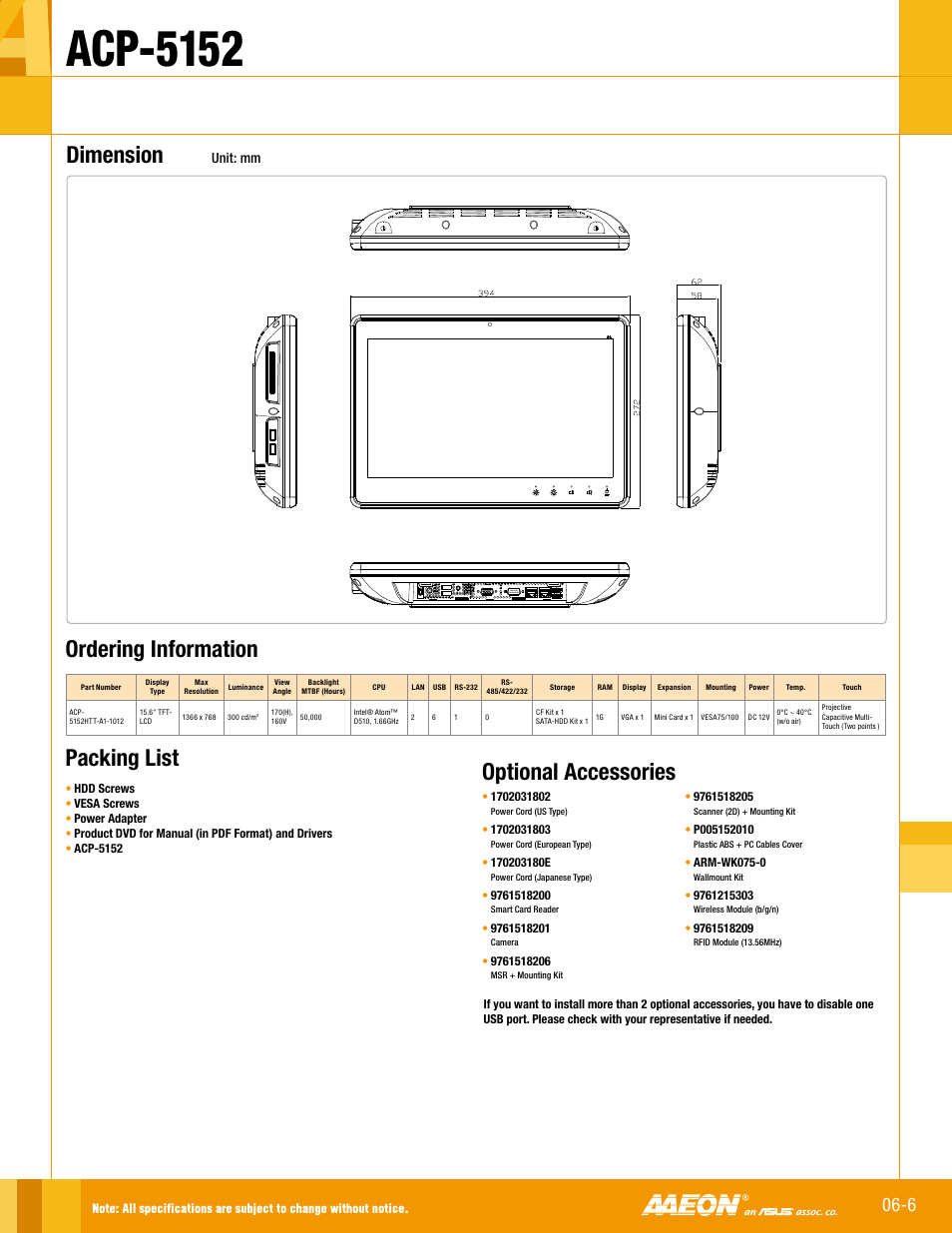 Acp-5152, Dimension, Optional accessories | Ordering information, Packing list, Unit: mm | Impulse ACP-5152 User Manual | Page 2 / 2