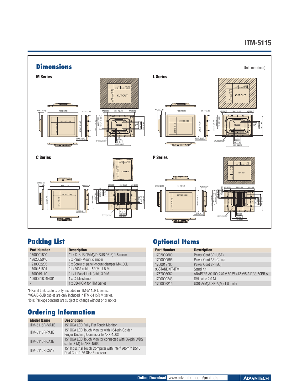 Dimensions, Itm-5115 packing list, Ordering information | Optional items, M series c series l series p series, Unit: mm (inch) | Impulse ITM-5115R-C User Manual | Page 2 / 2