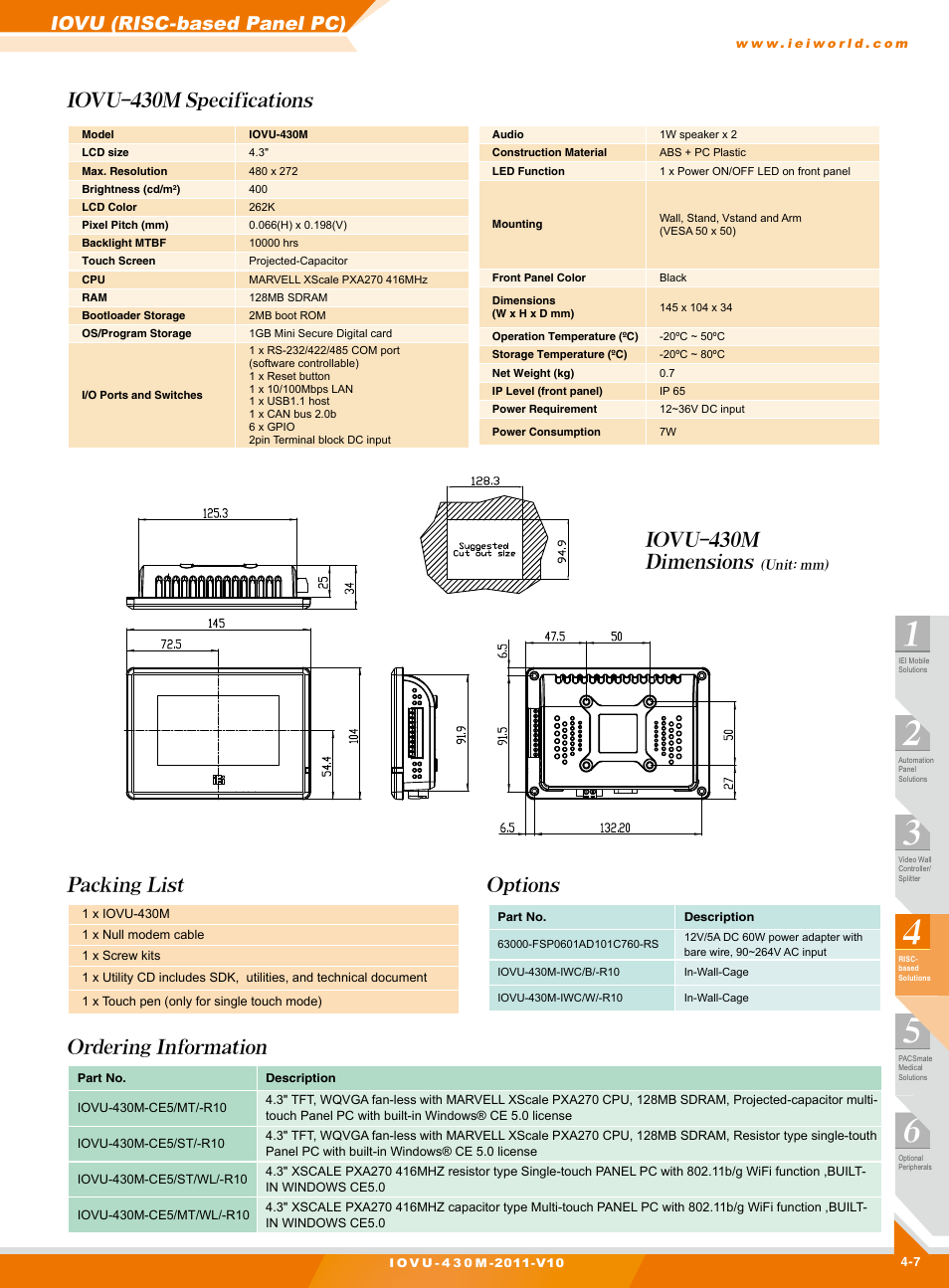 Iovu (risc-based panel pc), Packing list options ordering information | Impulse IOVU-430M User Manual | Page 3 / 3