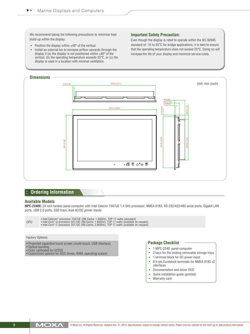 Ordering information, Marine displays and computers, Dimensions | Available models, Package checklist, Important safety precaution | Impulse MPC-2240 User Manual | Page 3 / 3