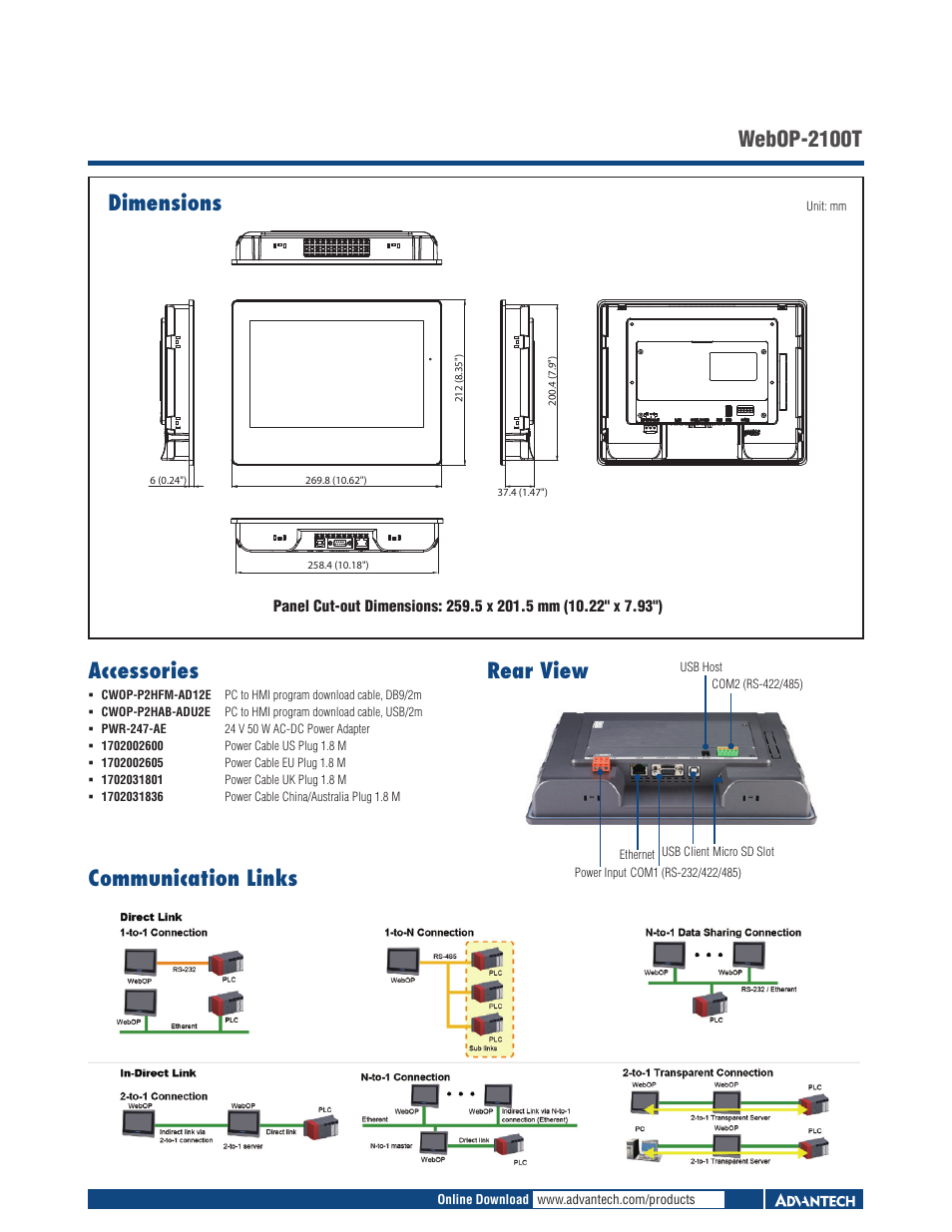 Dimensions, Webop-2100t, Rear view | Accessories, Communication links | Impulse WebOP-2100T User Manual | Page 2 / 2