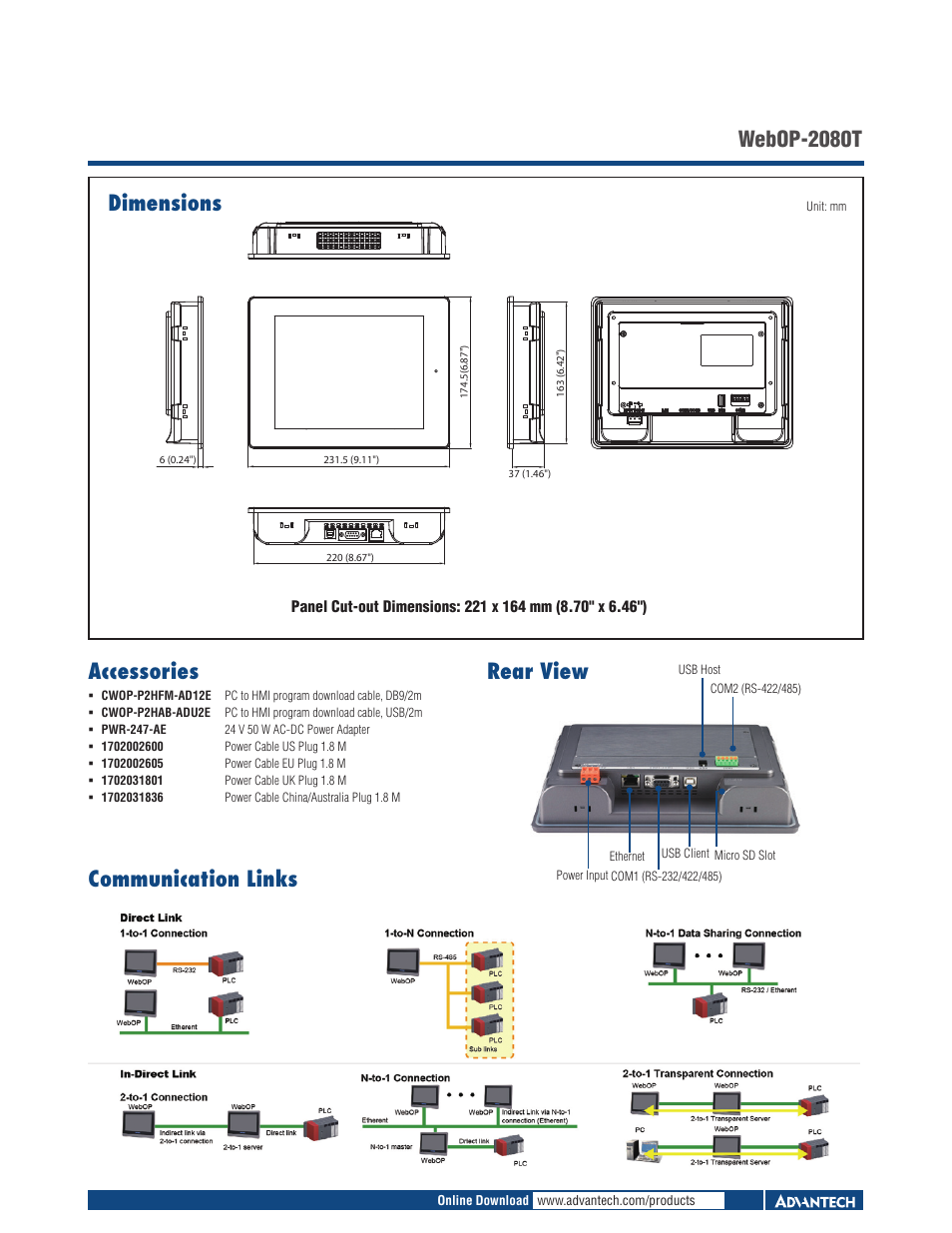 Dimensions, Webop-2080t, Rear view accessories | Communication links | Impulse WebOP-2080T User Manual | Page 2 / 2