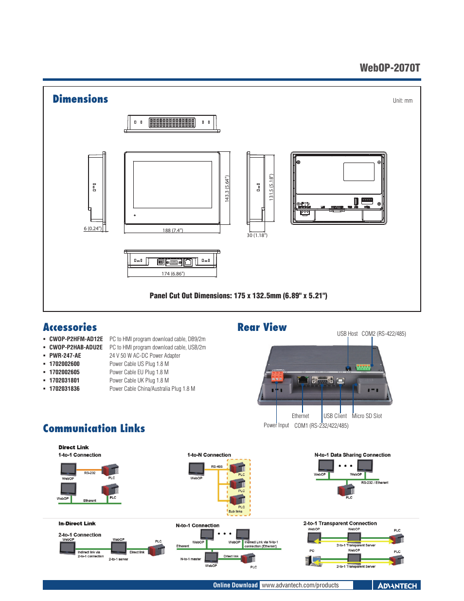 Dimensions, Rear view webop-2070t, Accessories | Communication links | Impulse WebOP-2070T User Manual | Page 2 / 2