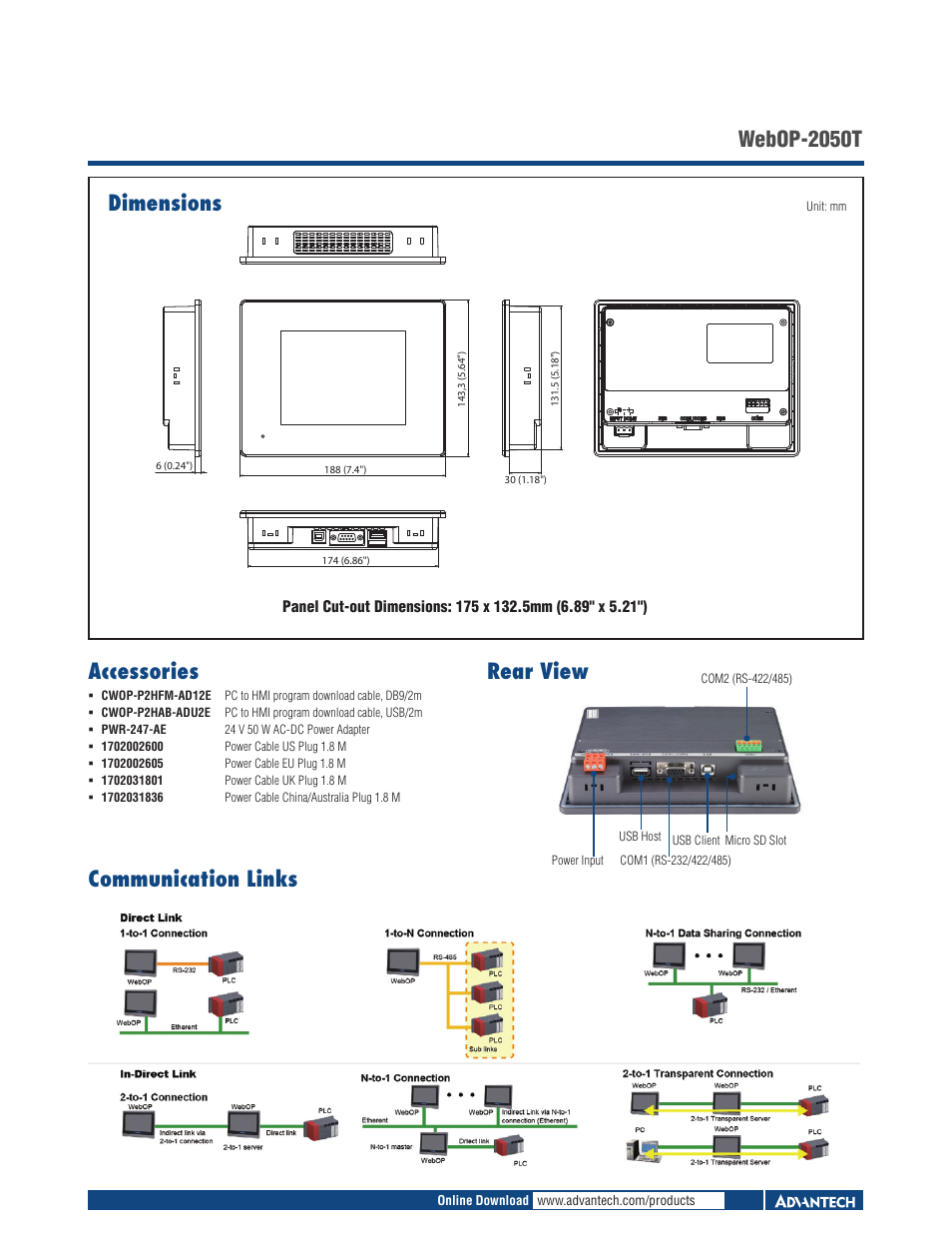 Dimensions, Webop-2050t rear view, Communication links | Accessories | Impulse WebOP-2050T User Manual | Page 2 / 2
