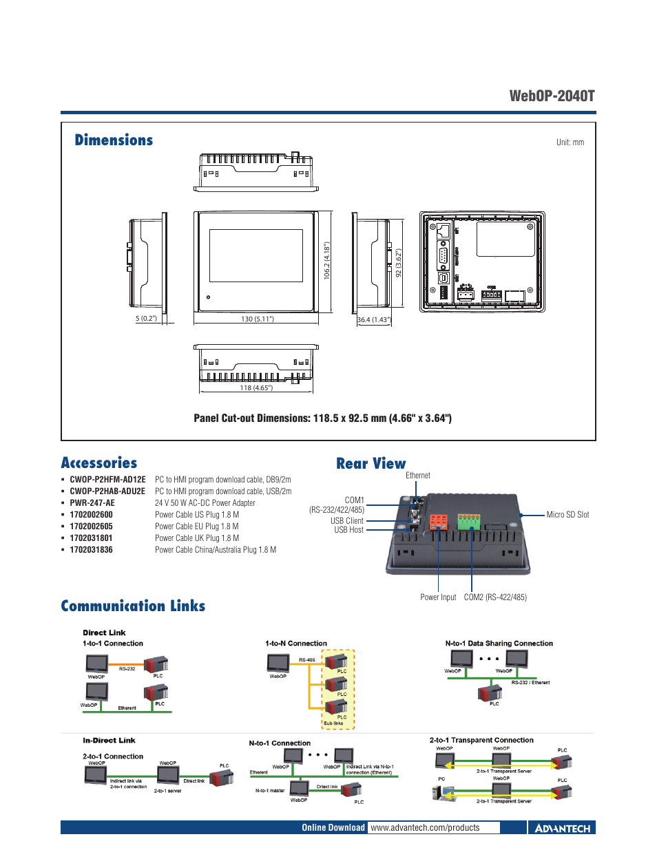 Dimensions, Webop-2040t communication links, Accessories | Rear view | Impulse WebOP-2040T User Manual | Page 2 / 2