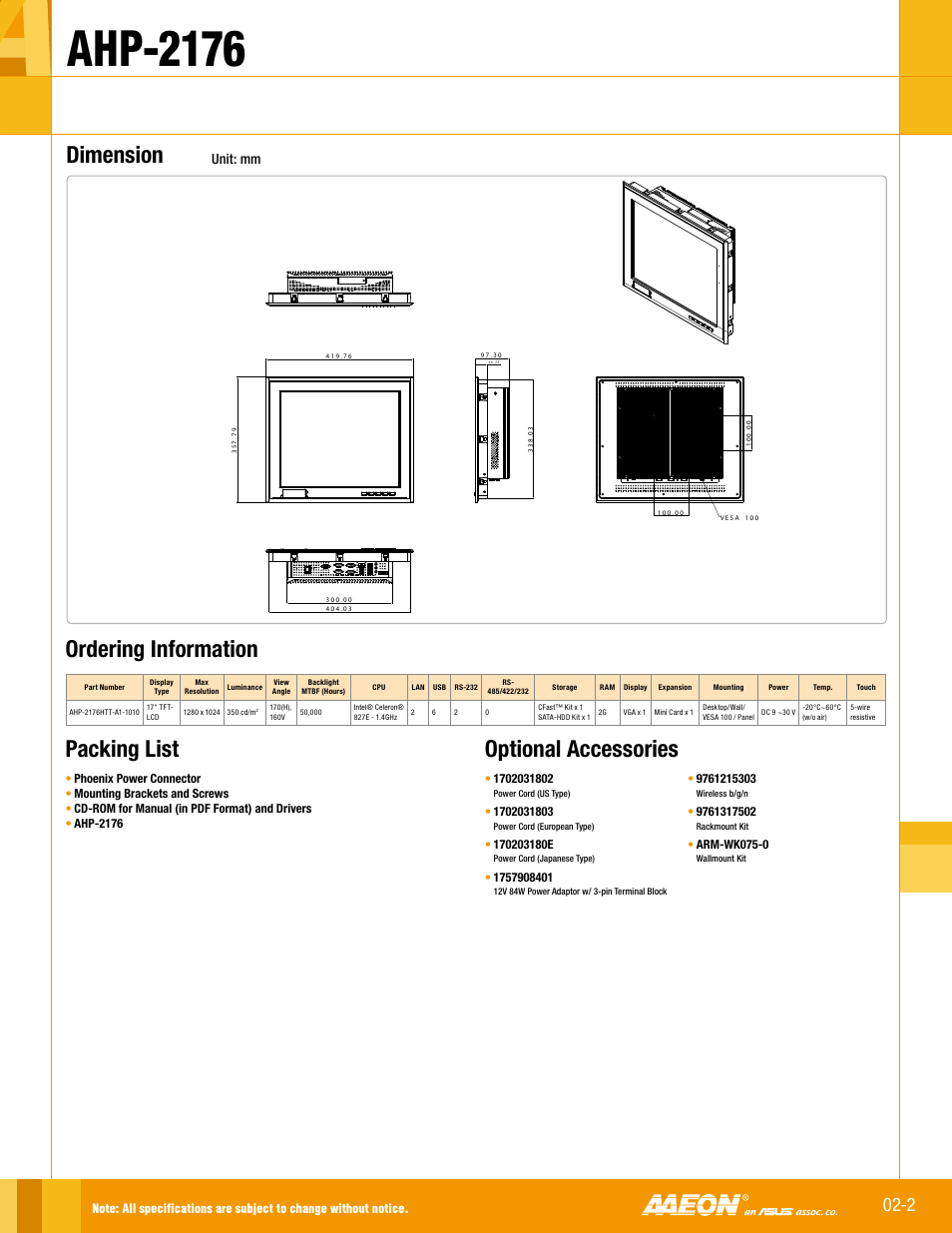 Ahp-2176, Dimension, Optional accessories | Ordering information, Packing list, Unit: mm | Impulse AHP-2176 User Manual | Page 2 / 2