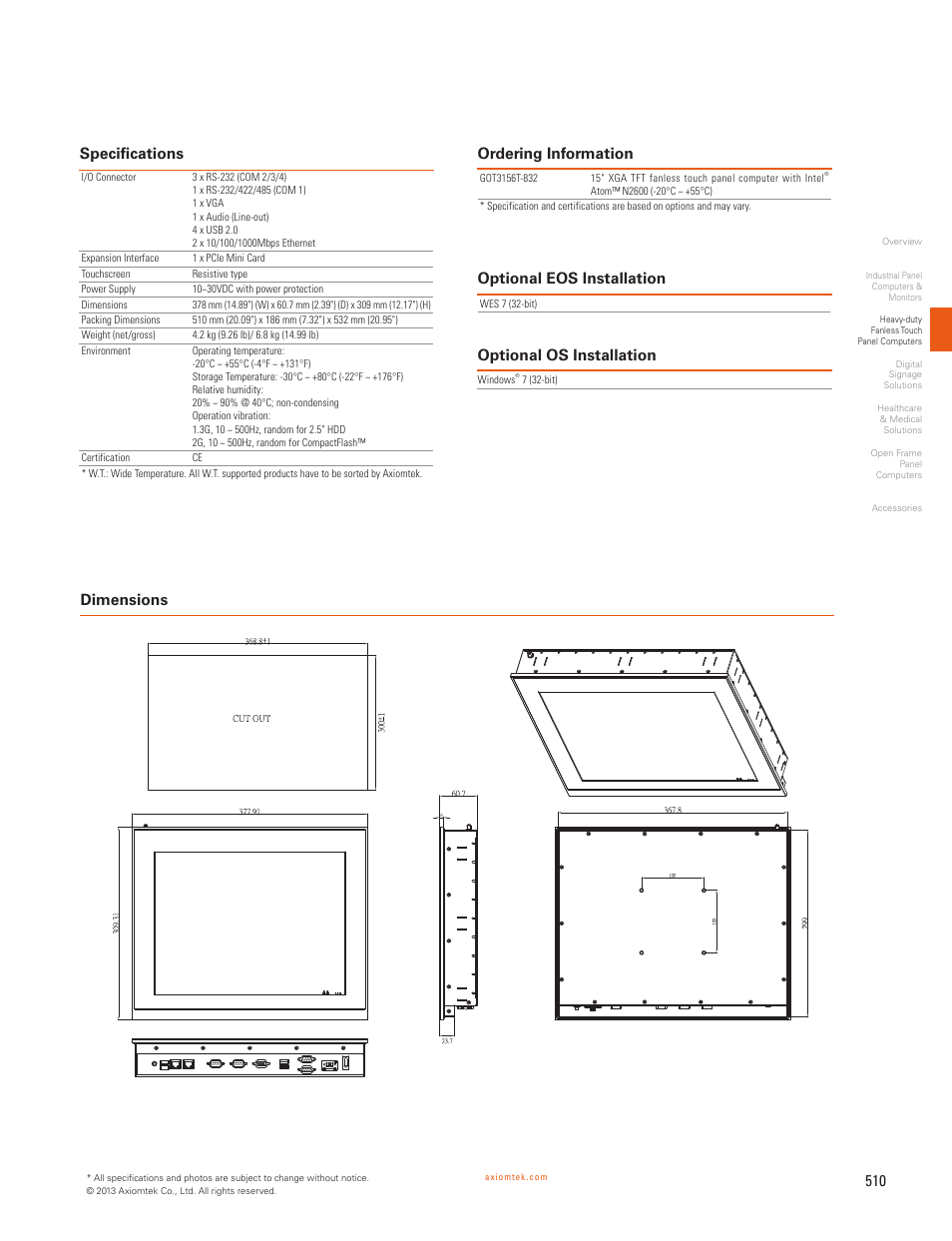 Dimensions | Impulse GOT3156T-832 User Manual | Page 2 / 2