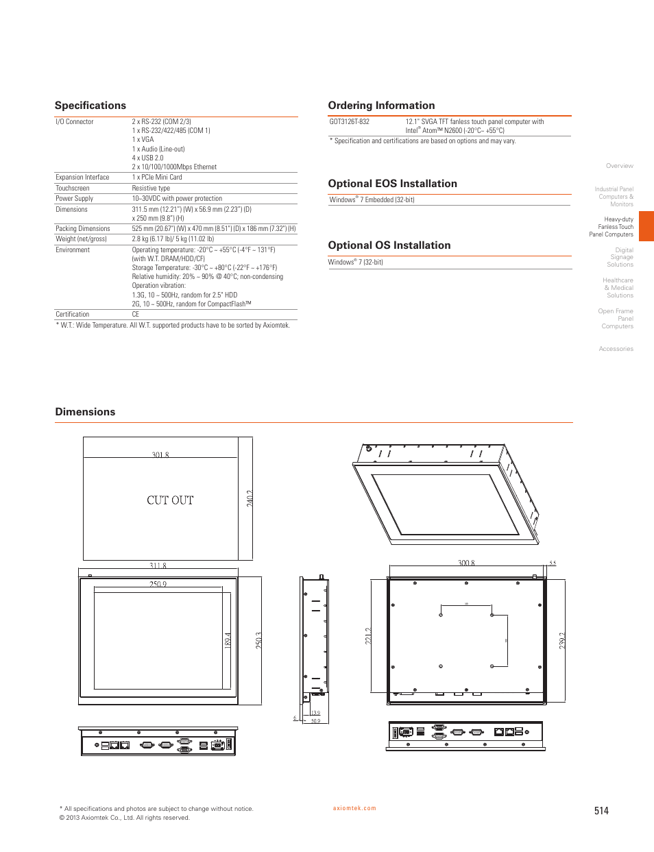 Dimensions | Impulse GOT3126T-832 User Manual | Page 2 / 2