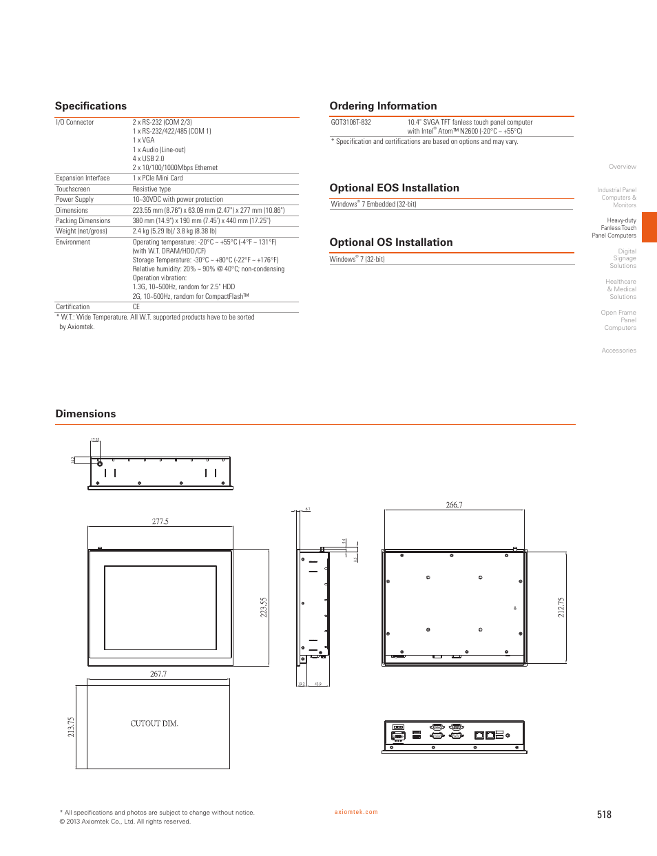 Dimensions | Impulse GOT3106T-832 User Manual | Page 2 / 2