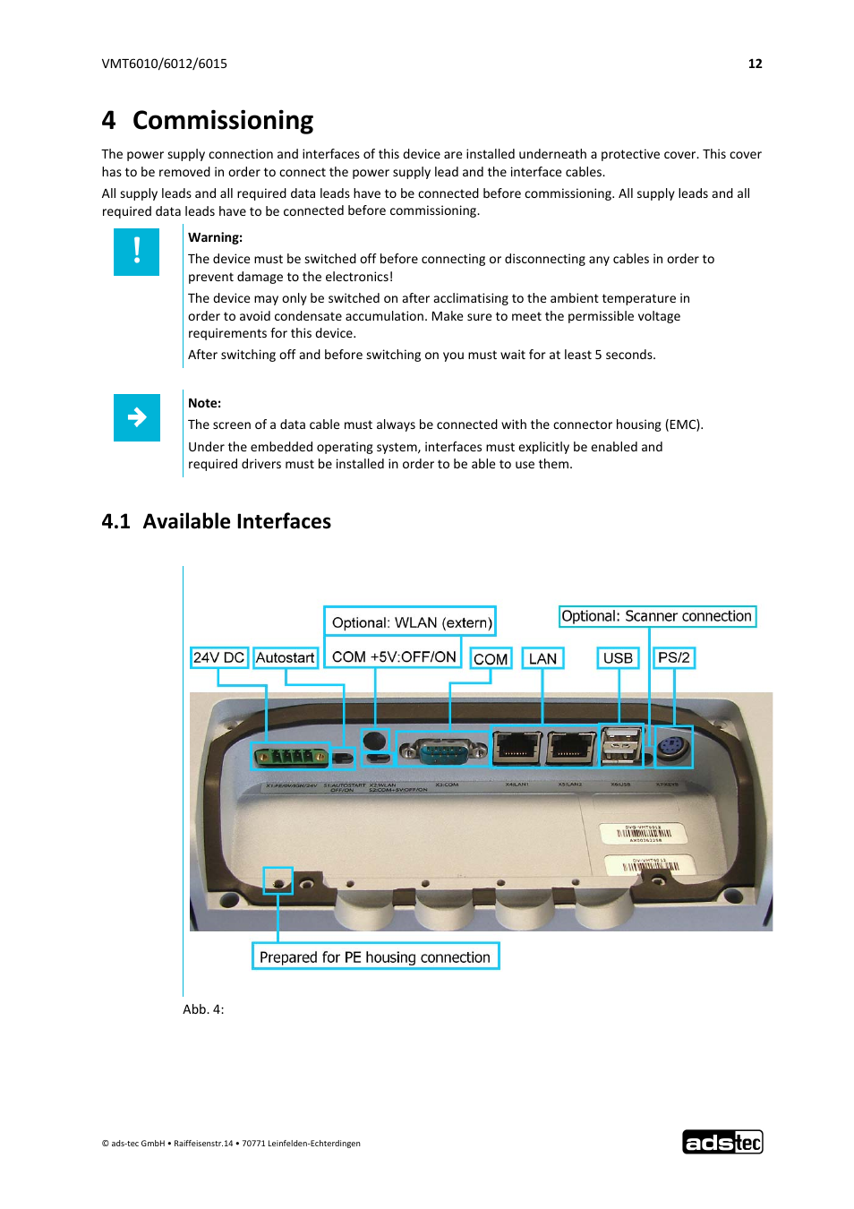 4 commissioning, 1 available interfaces | ADS-TEC VMT6010/6012/6015 User Manual | Page 13 / 48