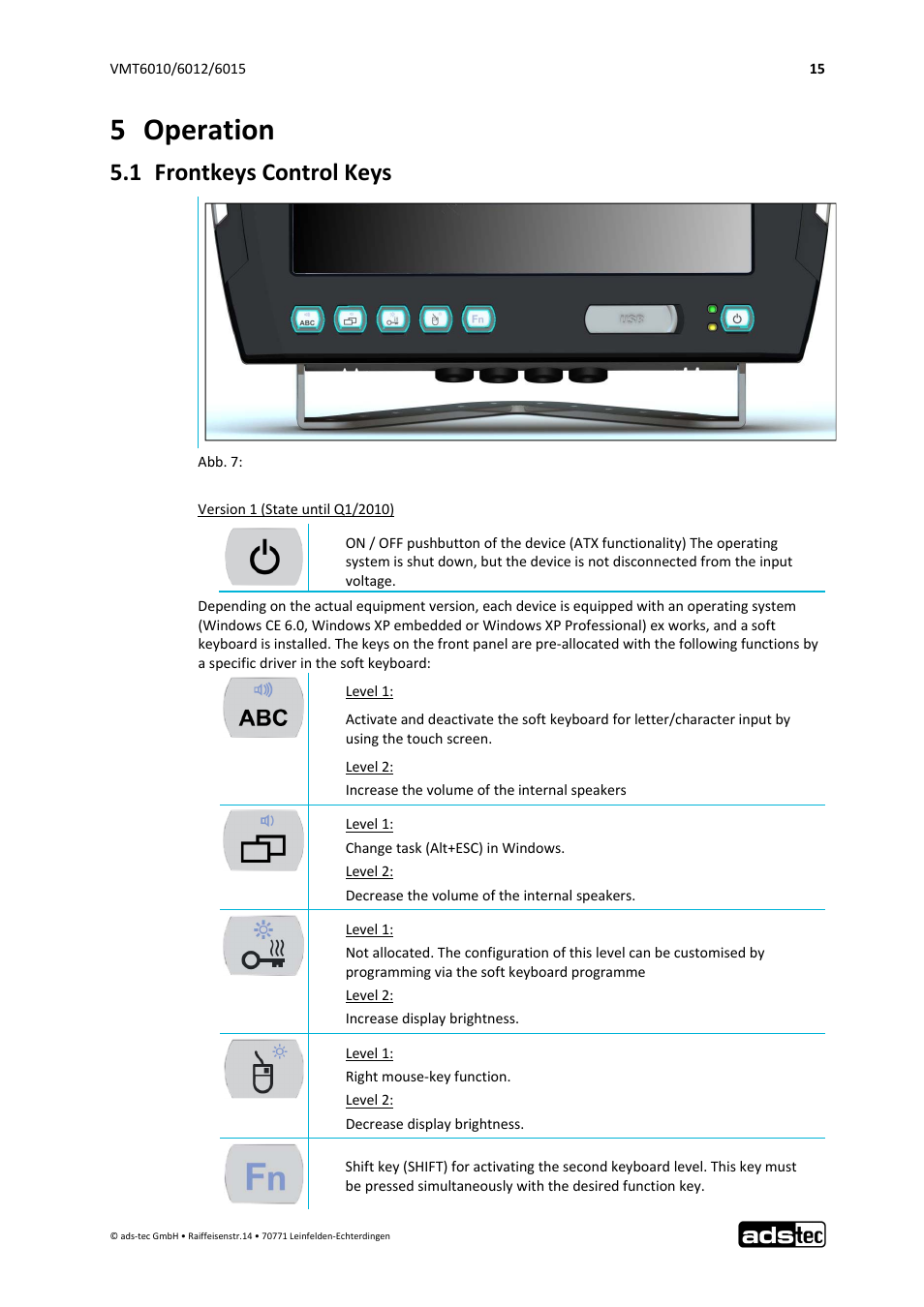 5 operation, 1 frontkeys control keys | ADS-TEC VMT6010/6012/6015 User Manual | Page 16 / 48