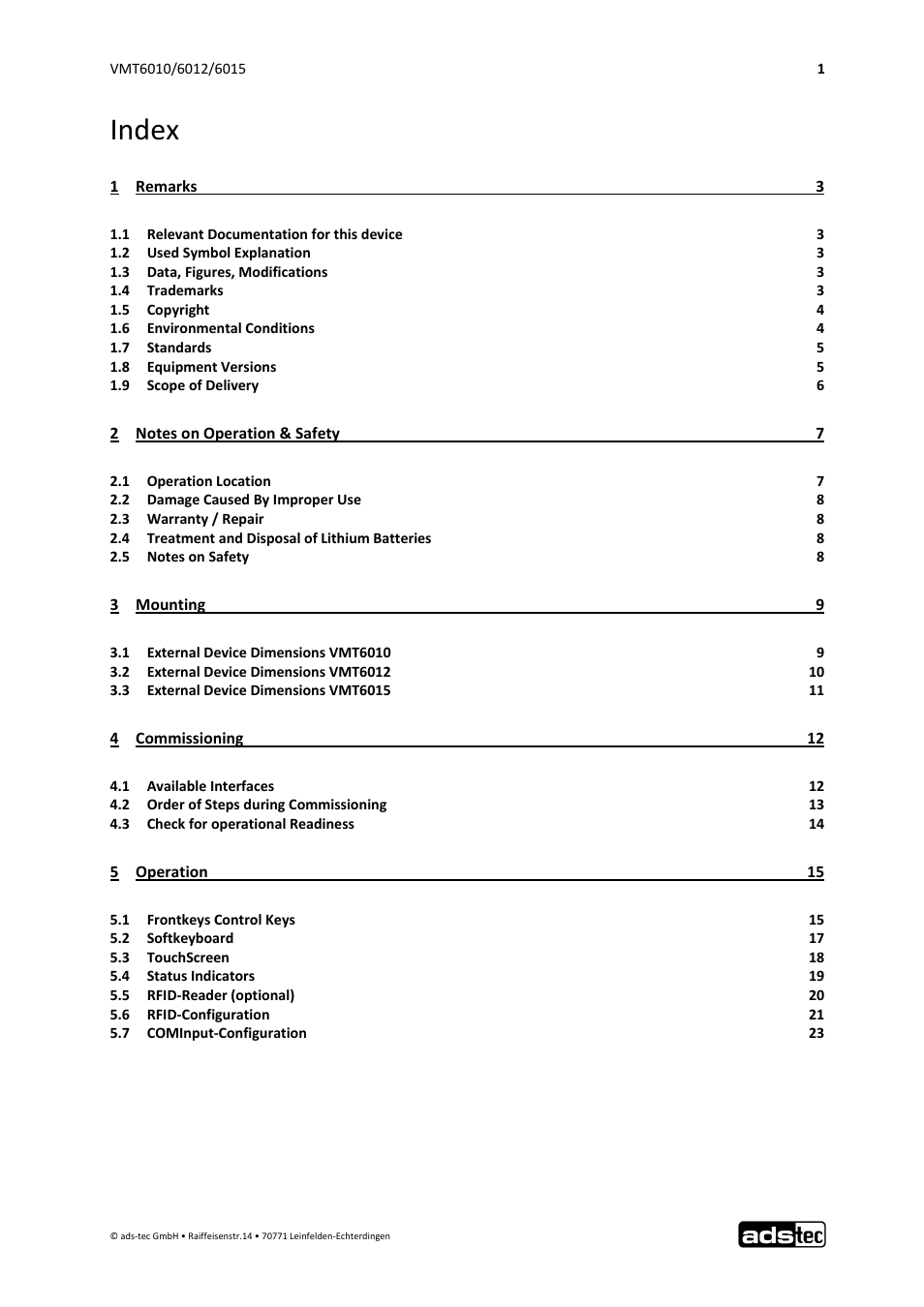 Index | ADS-TEC VMT6010/6012/6015 User Manual | Page 2 / 48
