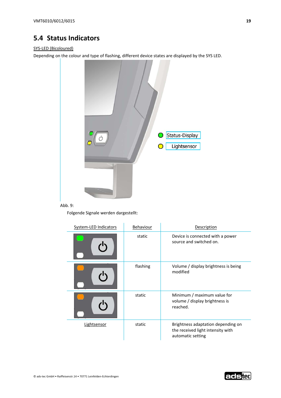 4 status indicators | ADS-TEC VMT6010/6012/6015 User Manual | Page 20 / 48