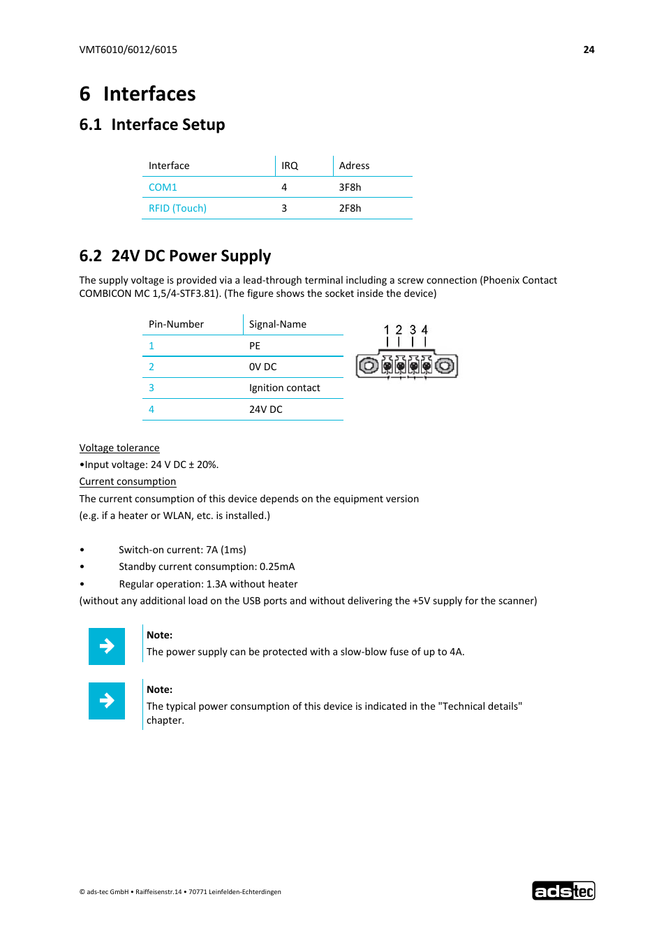6 interfaces, 1 interface setup, 2 24v dc power supply | ADS-TEC VMT6010/6012/6015 User Manual | Page 25 / 48