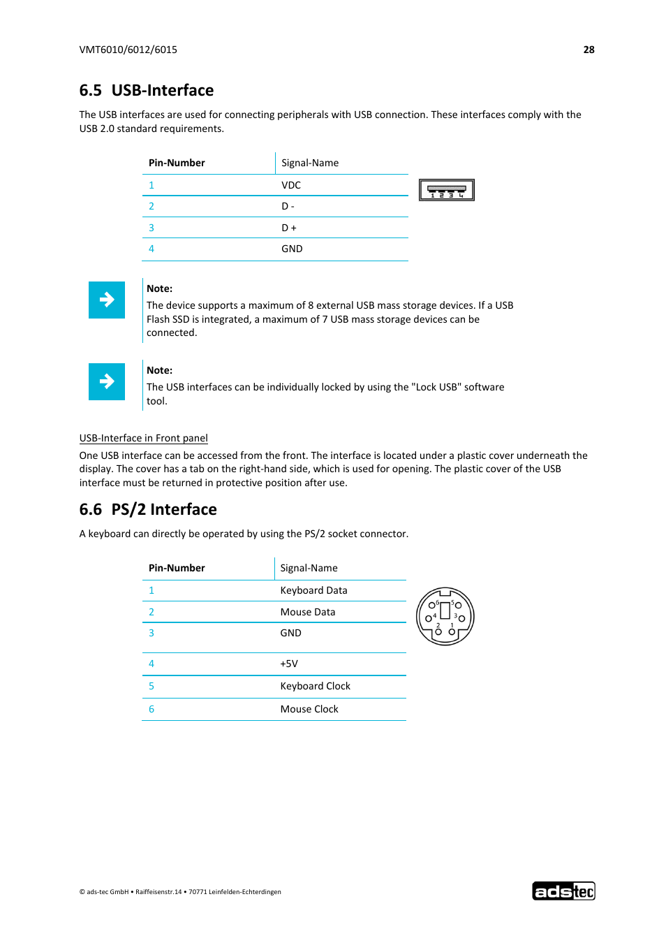 5 usb‐interface, 6 ps/2 interface | ADS-TEC VMT6010/6012/6015 User Manual | Page 29 / 48