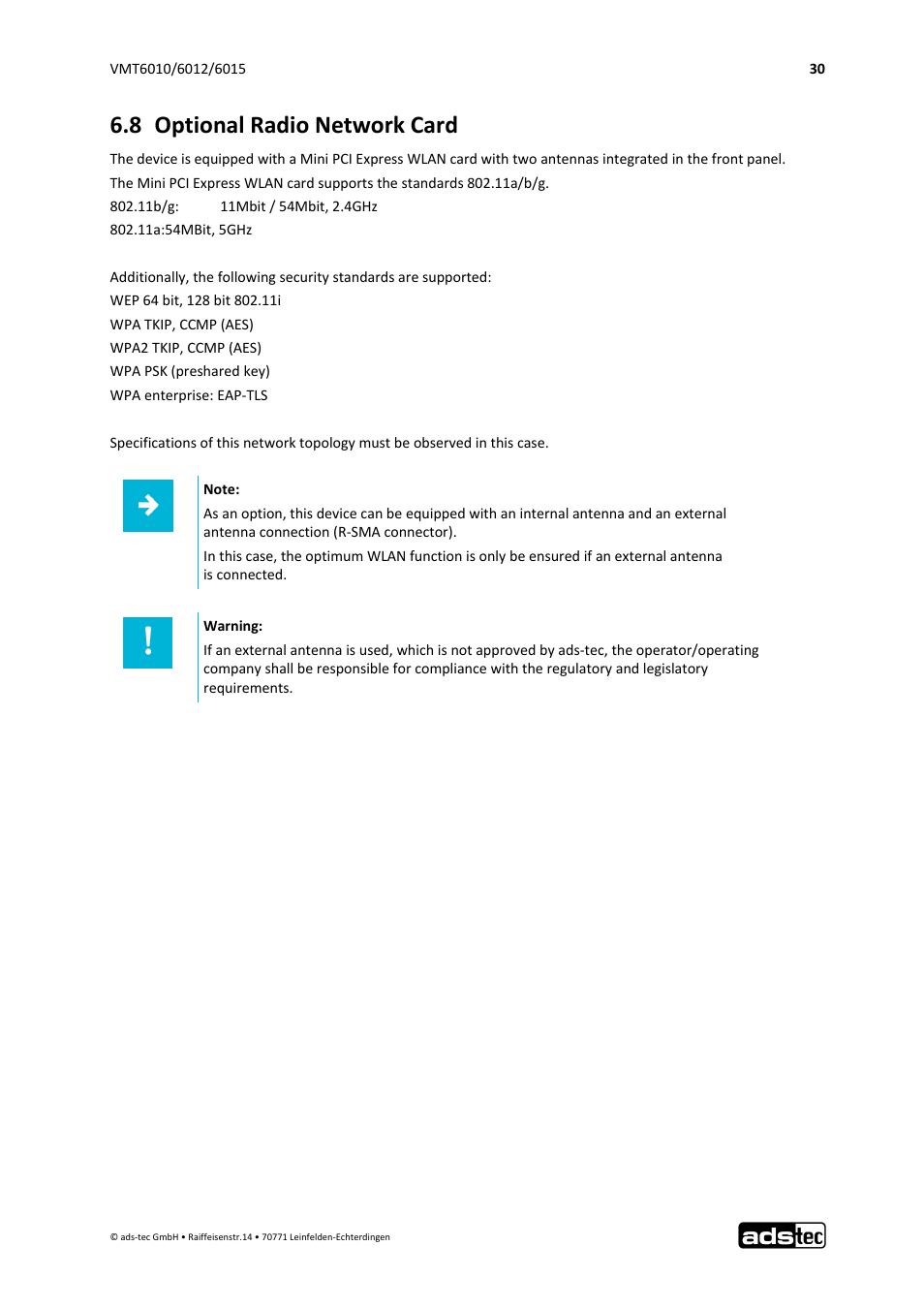 8 optional radio network card | ADS-TEC VMT6010/6012/6015 User Manual | Page 31 / 48