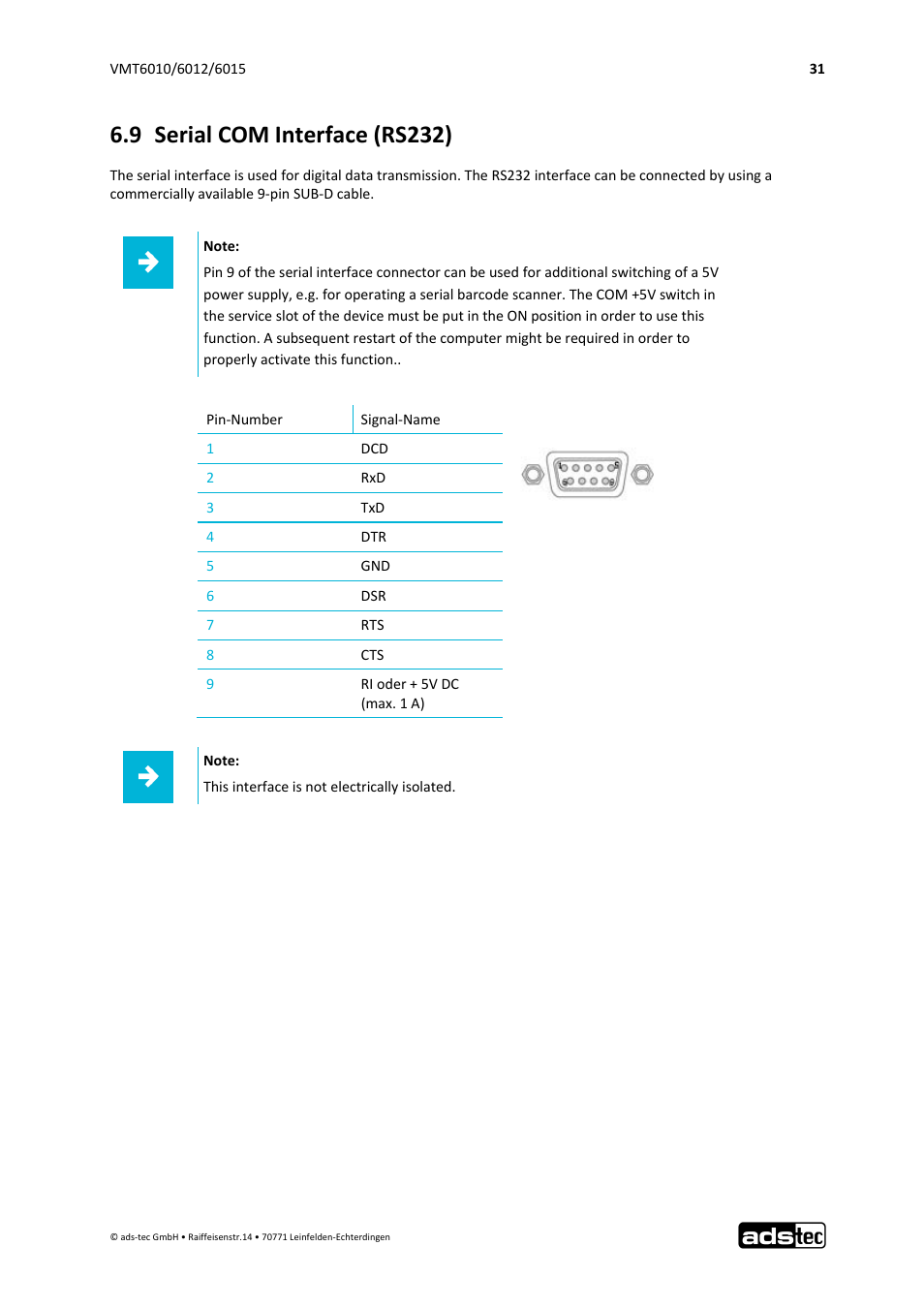 9 serial com interface (rs232) | ADS-TEC VMT6010/6012/6015 User Manual | Page 32 / 48