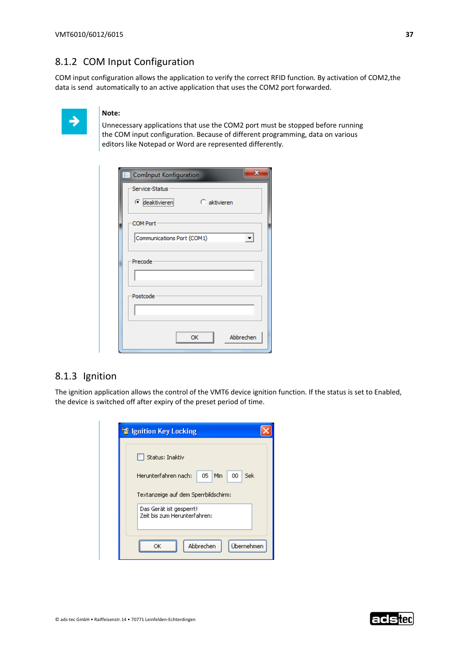 2 com input configuration, 3 ignition | ADS-TEC VMT6010/6012/6015 User Manual | Page 38 / 48