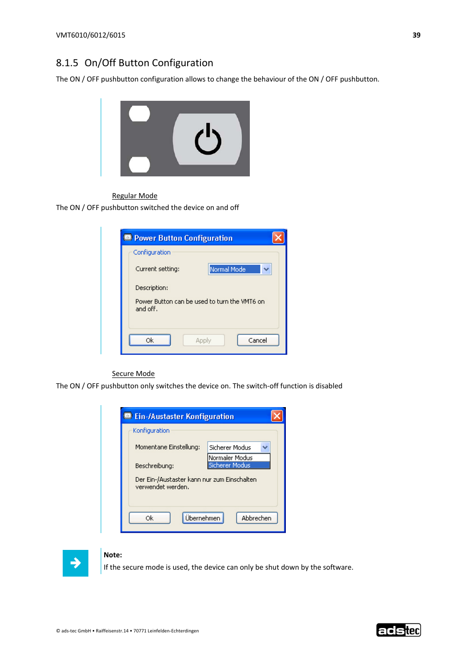 5 on/off button configuration | ADS-TEC VMT6010/6012/6015 User Manual | Page 40 / 48