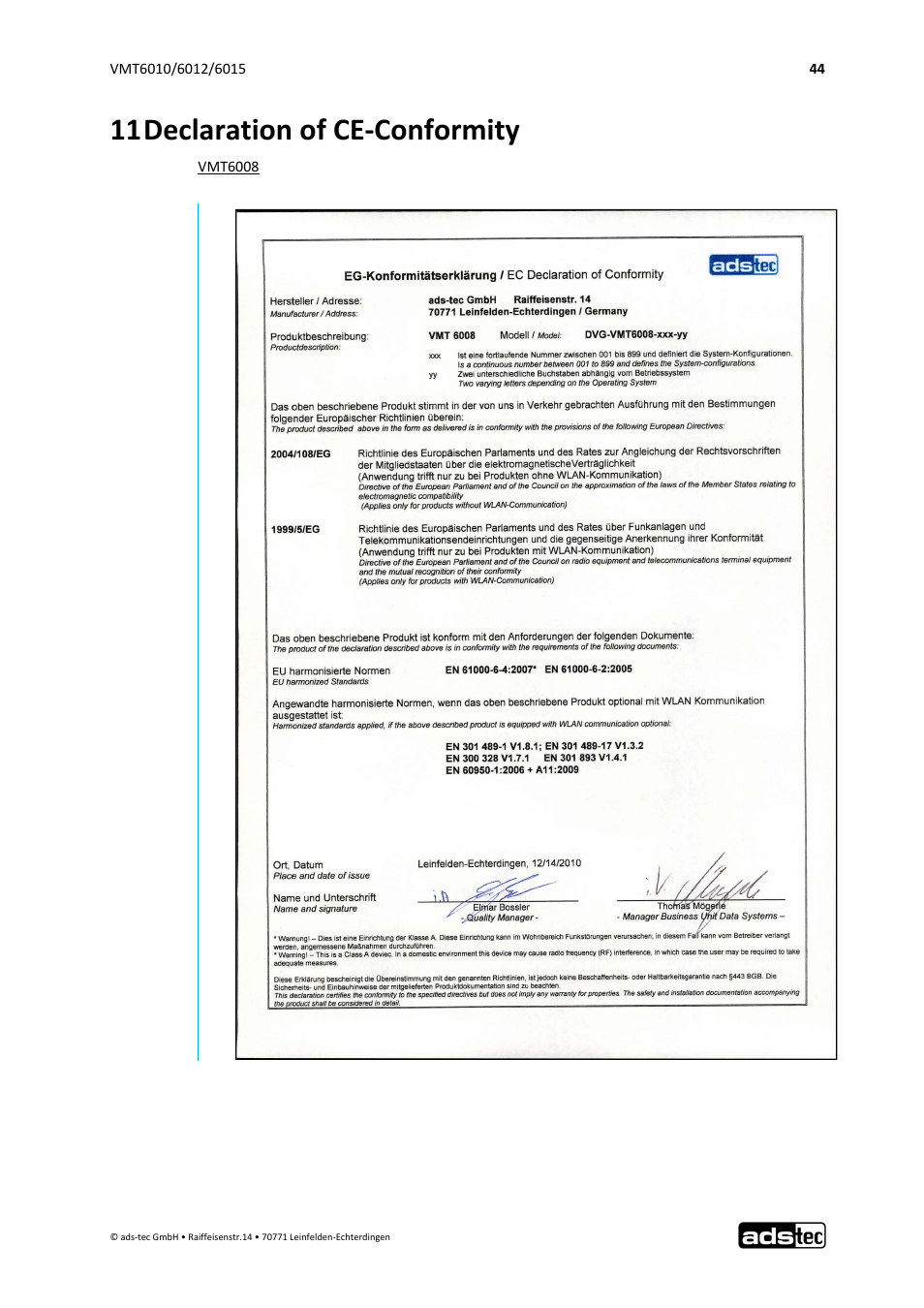 11 declaration of ce‐conformity | ADS-TEC VMT6010/6012/6015 User Manual | Page 45 / 48