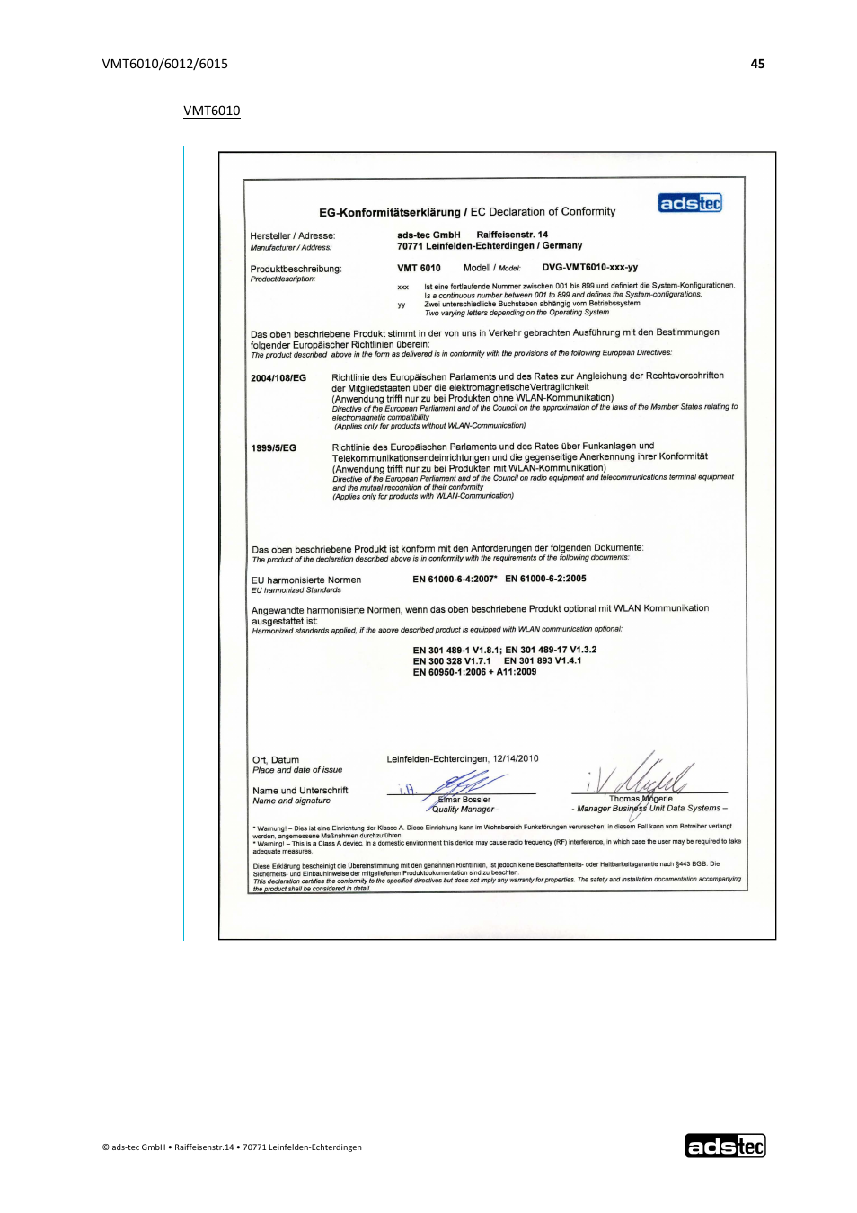 ADS-TEC VMT6010/6012/6015 User Manual | Page 46 / 48