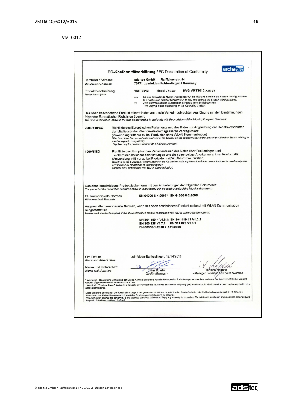 ADS-TEC VMT6010/6012/6015 User Manual | Page 47 / 48