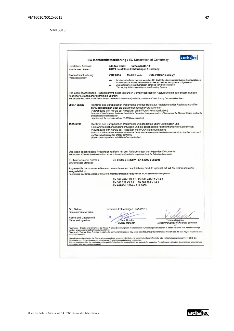 ADS-TEC VMT6010/6012/6015 User Manual | Page 48 / 48
