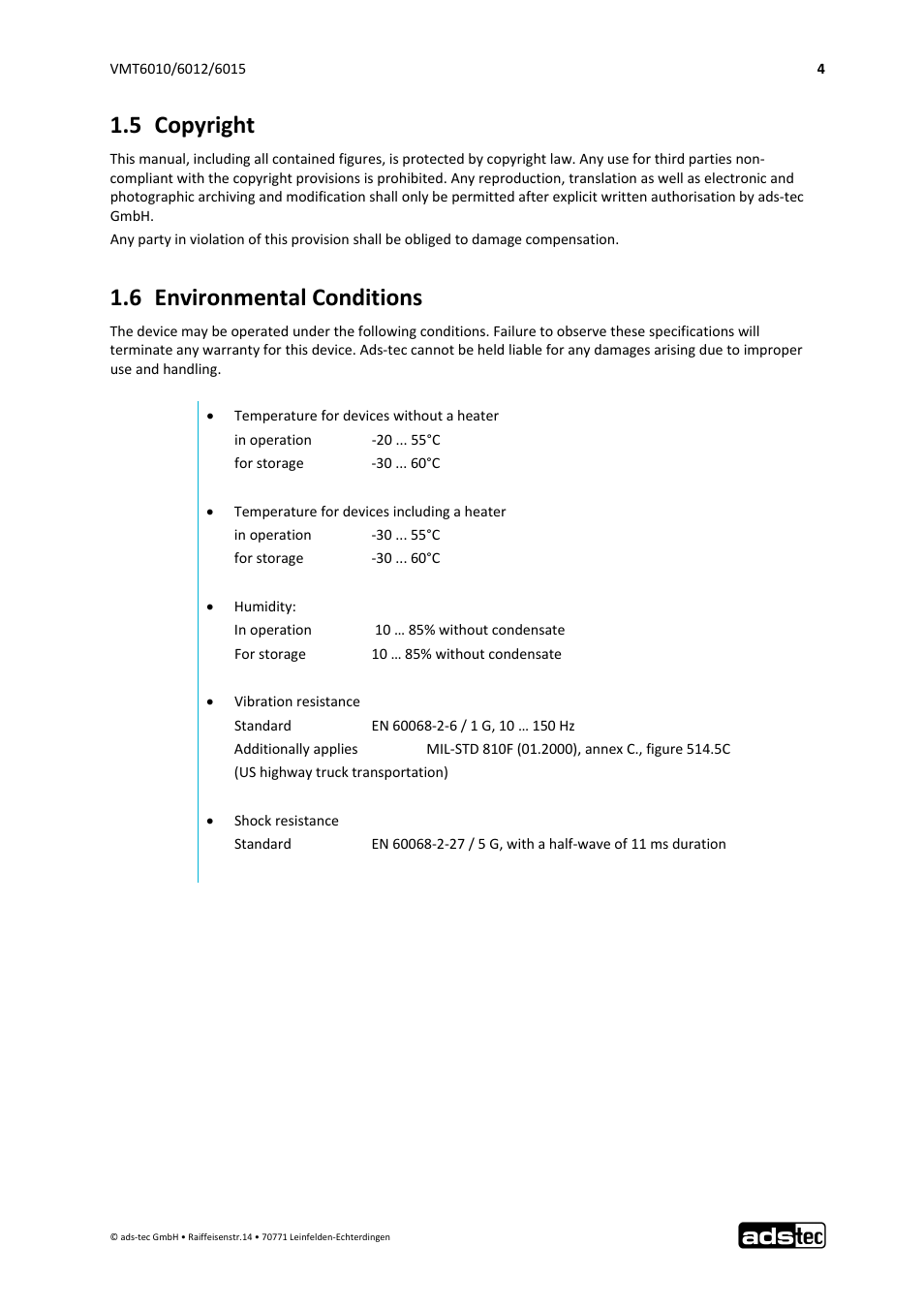 5 copyright, 6 environmental conditions | ADS-TEC VMT6010/6012/6015 User Manual | Page 5 / 48