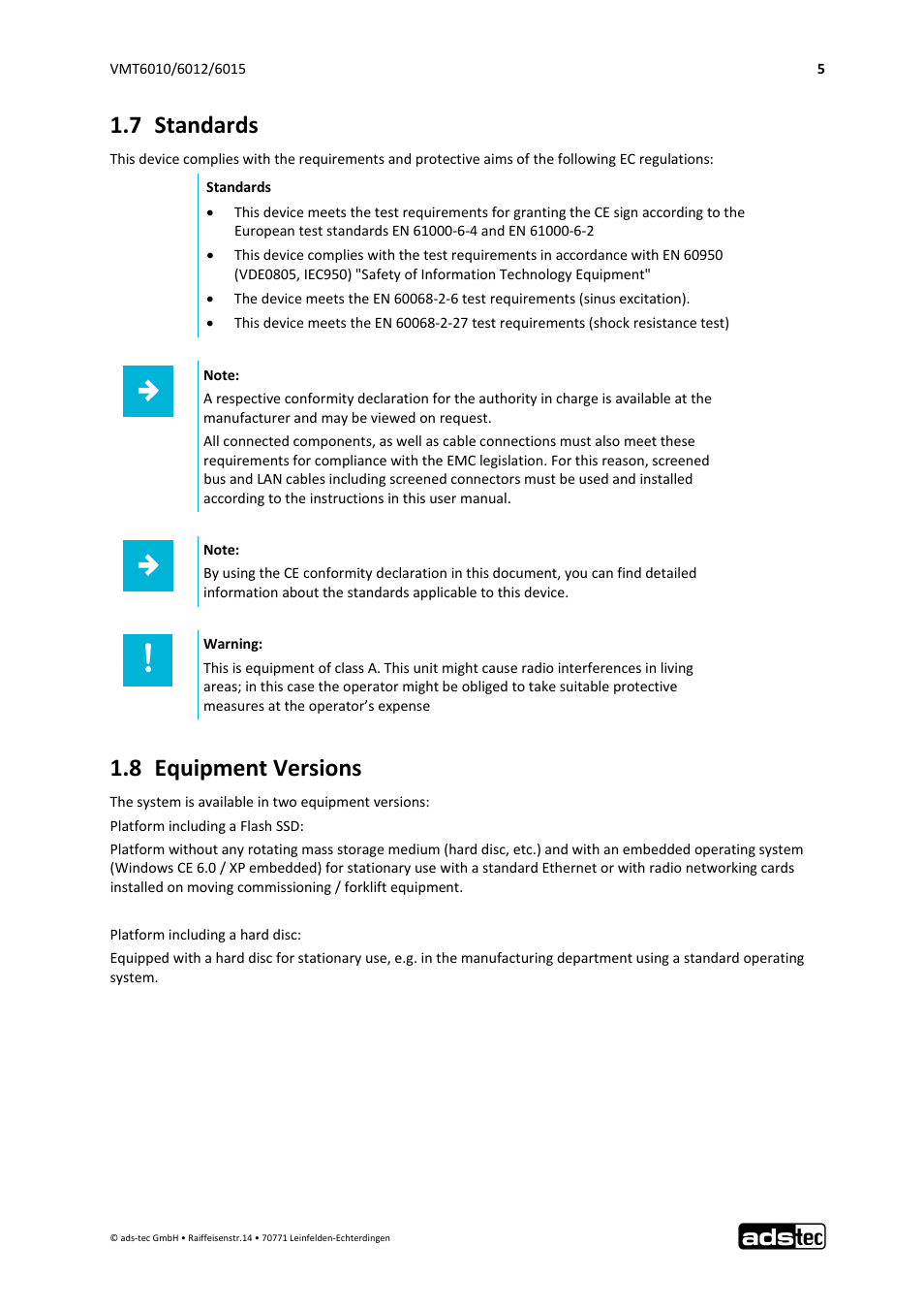 7 standards, 8 equipment versions | ADS-TEC VMT6010/6012/6015 User Manual | Page 6 / 48