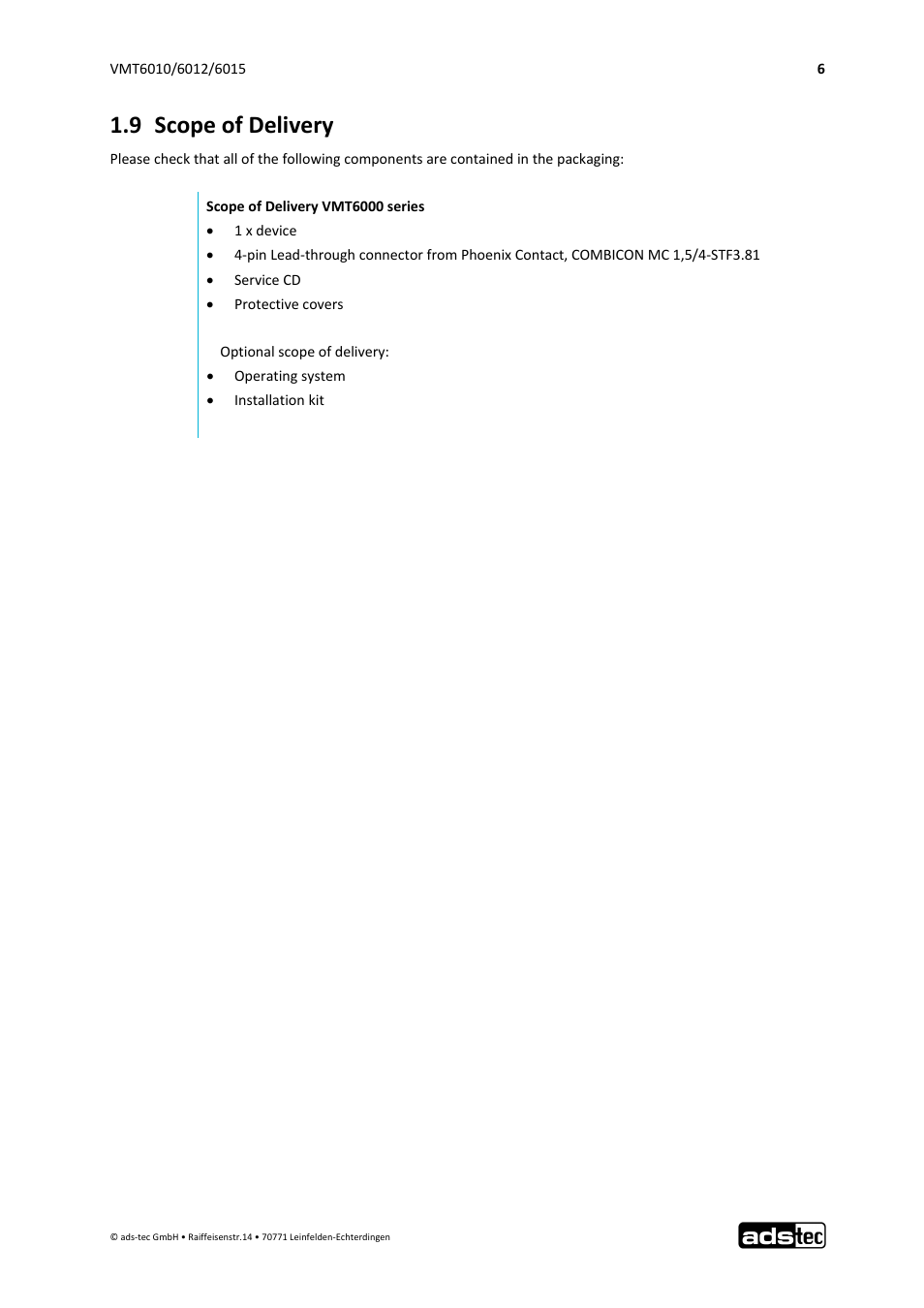 9 scope of delivery | ADS-TEC VMT6010/6012/6015 User Manual | Page 7 / 48