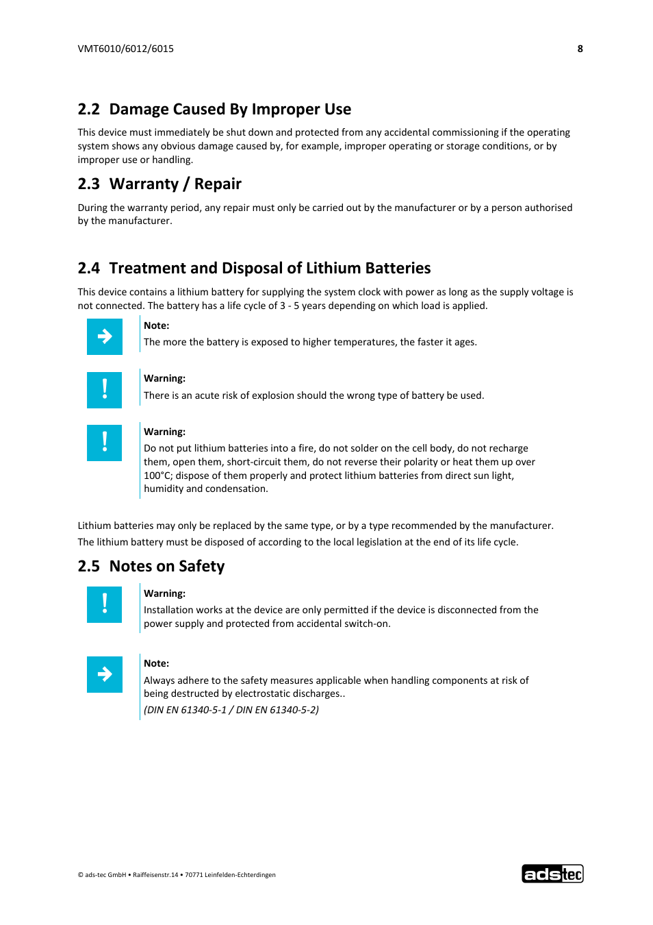 2 damage caused by improper use, 3 warranty / repair, 4 treatment and disposal of lithium batteries | ADS-TEC VMT6010/6012/6015 User Manual | Page 9 / 48