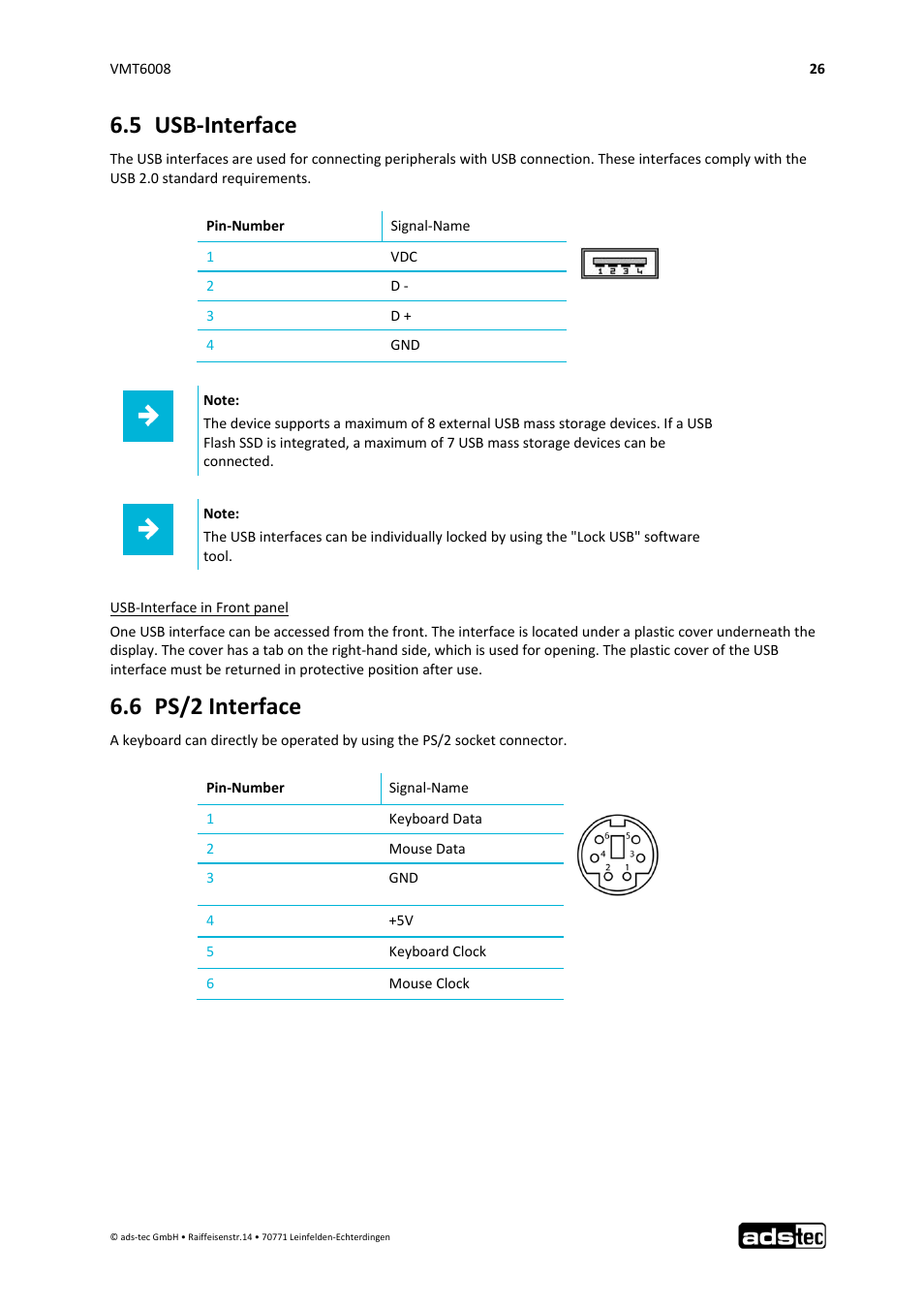 5 usb‐interface, 6 ps/2 interface | ADS-TEC VMT6008 User Manual | Page 27 / 46