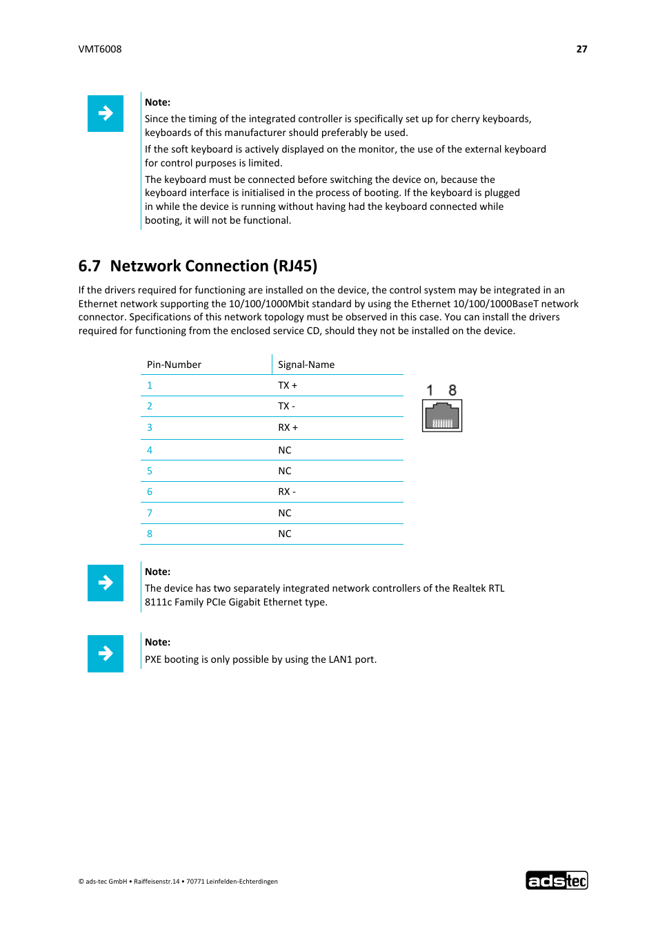 7 netzwork connection (rj45) | ADS-TEC VMT6008 User Manual | Page 28 / 46