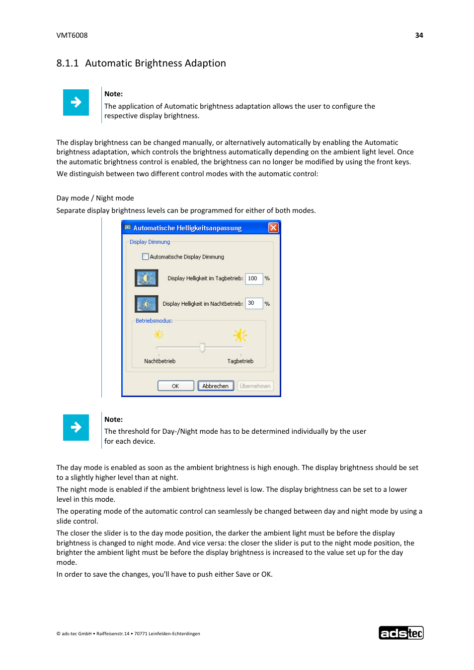 1 automatic brightness adaption | ADS-TEC VMT6008 User Manual | Page 35 / 46