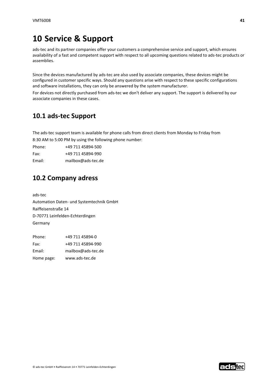 10 service & support, 1 ads‐tec support, 2 company adress | ADS-TEC VMT6008 User Manual | Page 42 / 46