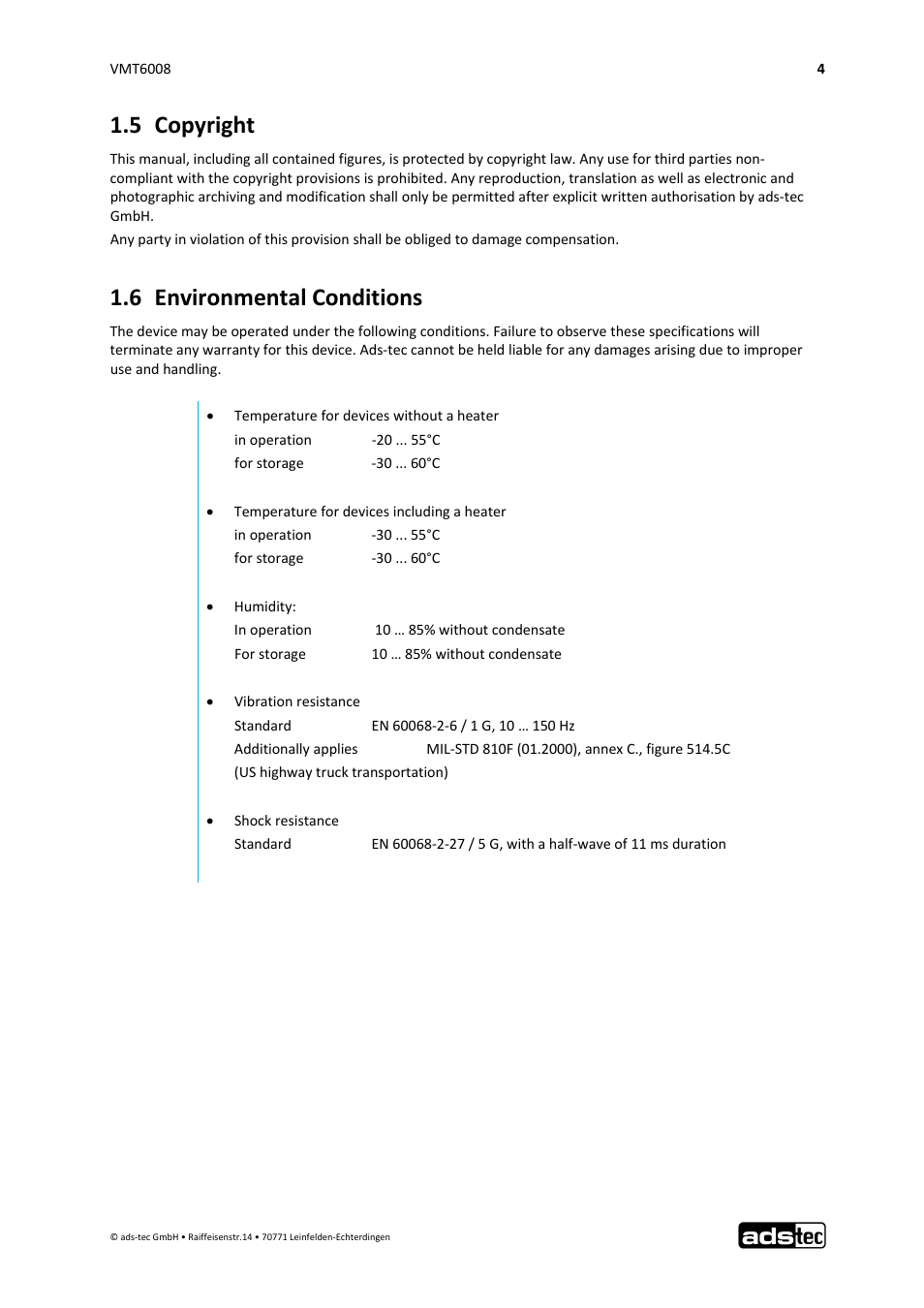 5 copyright, 6 environmental conditions | ADS-TEC VMT6008 User Manual | Page 5 / 46