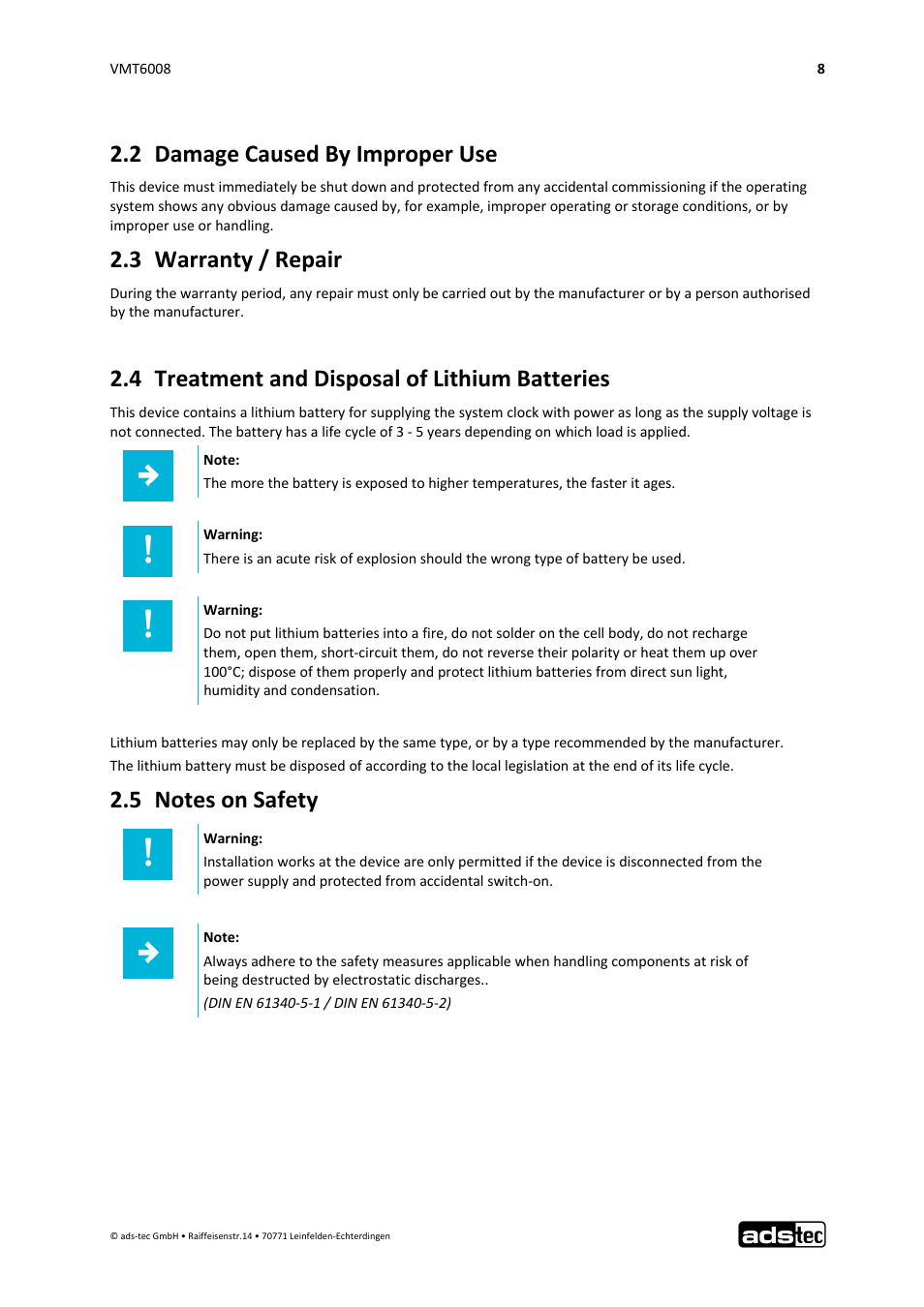 2 damage caused by improper use, 3 warranty / repair, 4 treatment and disposal of lithium batteries | ADS-TEC VMT6008 User Manual | Page 9 / 46