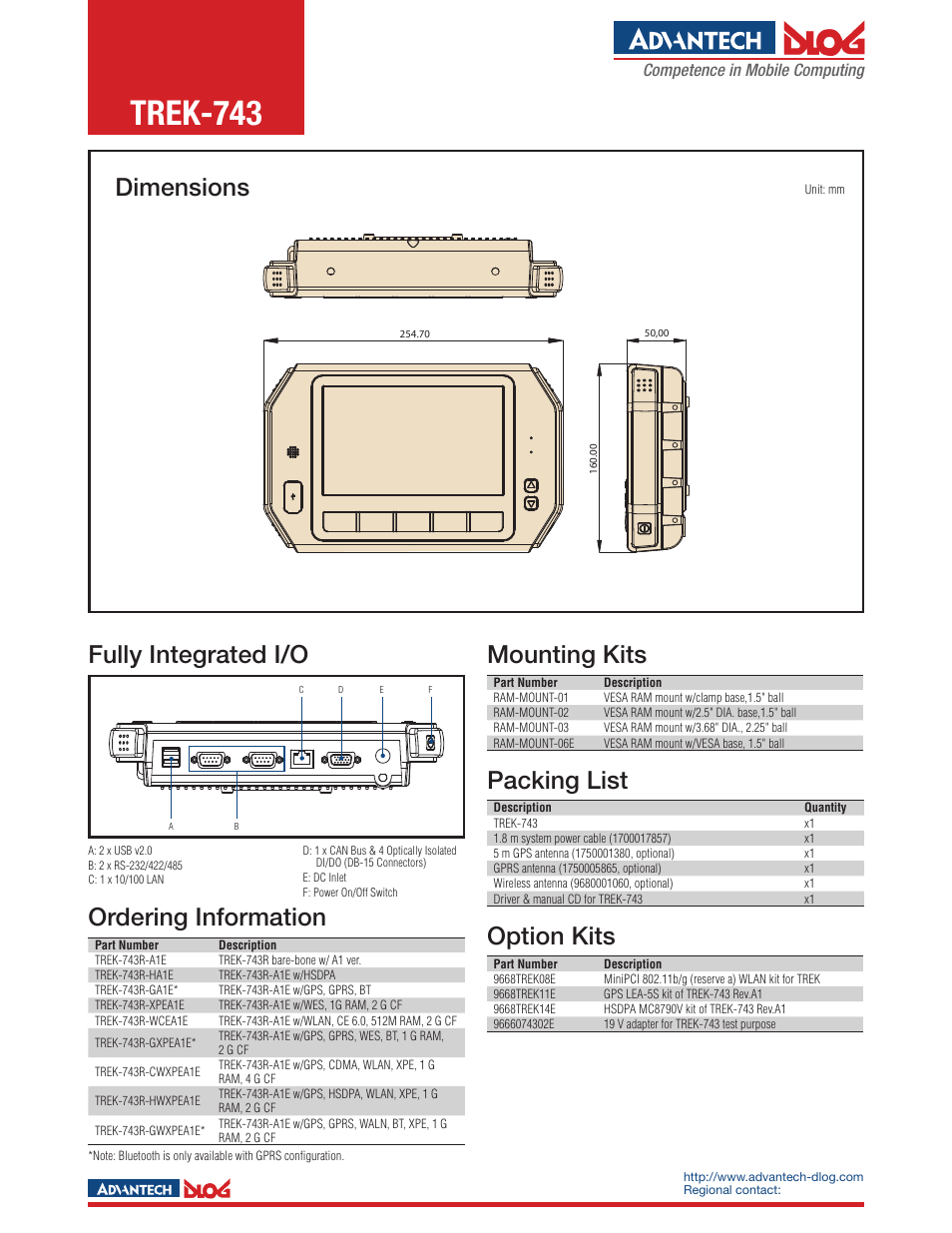 Trek-743, Dimensions, Fully integrated i/o | Mounting kits, Packing list, Option kits, Ordering information, Competence in mobile computing | Impulse TREK-743 User Manual | Page 2 / 2