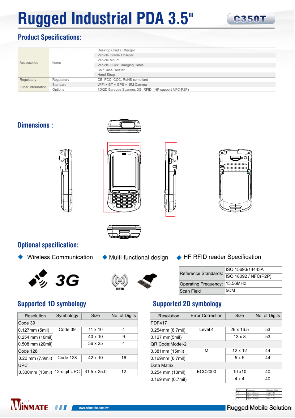 Rugged industrial pda 3.5, Dimensions, Product specifications | Optional specification, Supported 1d symbology, Supported 2d symbology, Rugged mobile solution, Hf rfid reader specification, Wireless communication multi-functional design | Impulse C350T User Manual | Page 2 / 2